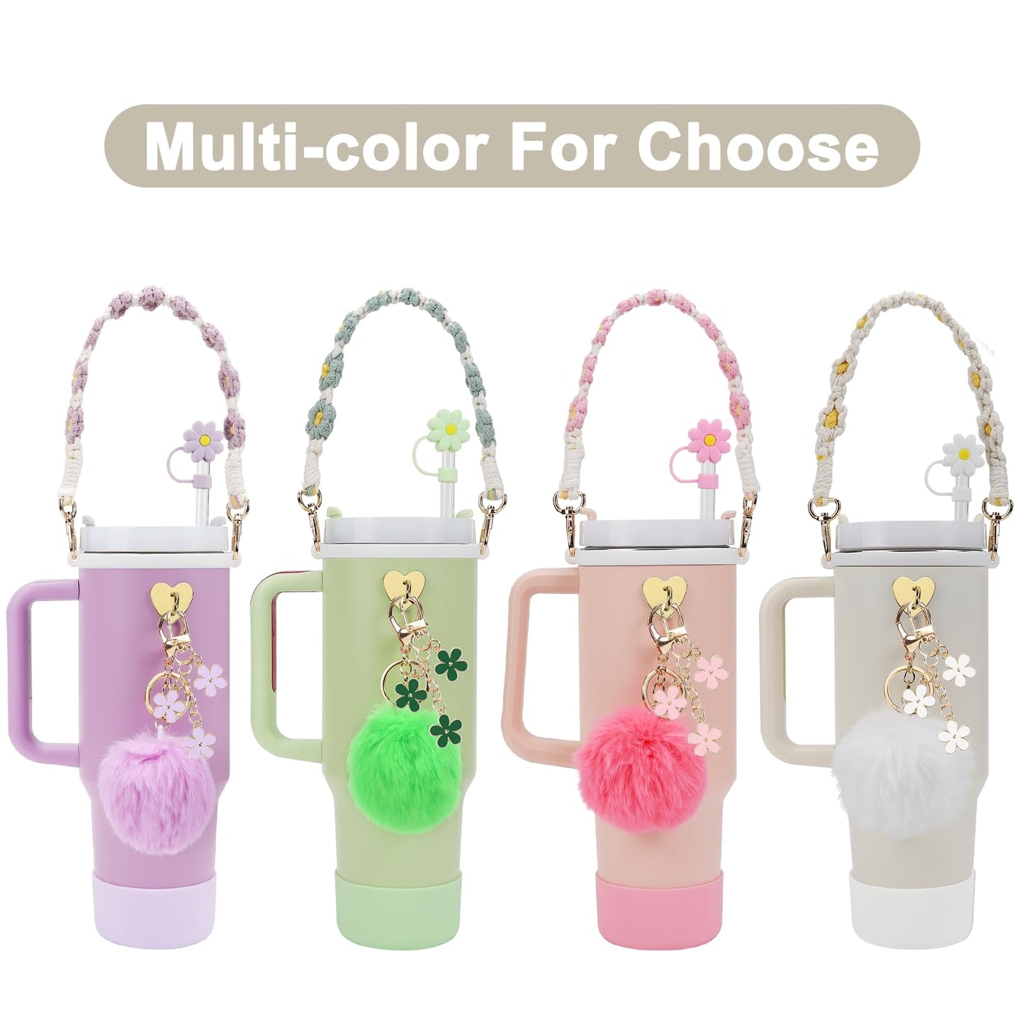 Stanley Cup Accessories Set Including 1 Pcs Water Bottle Handle Strap, 1 Pcs Siliocne Stanley Cup Boot, 1 Pcs Siliocne Straw Cover, 2 Pcs Stanley Charms for Stanley Cup 40oz & 30oz Tumbler (White)…