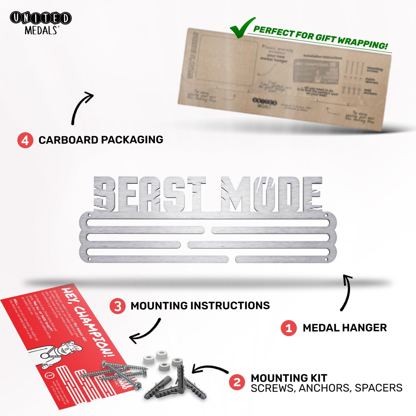Sports Medal Hanger Display Race BEAST MODE | Brushed steel Race Medal Holder Awards Wall Mount | Running Marathon Race Medal Display for Wall | Steel medal holder for wall holds up to 30 Medals