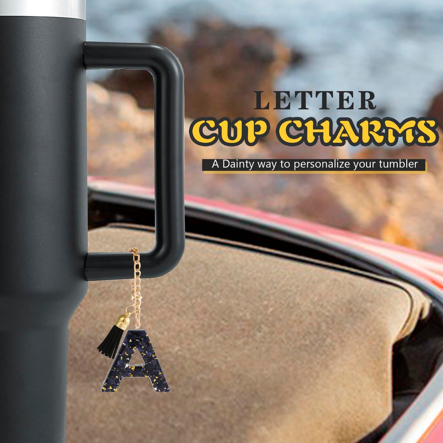 Letter Charm Accessories for Stanley Cup 1 PCS Cute Initial Keychain Handle Charm for Stanley Tumbler for Women Black Letter A