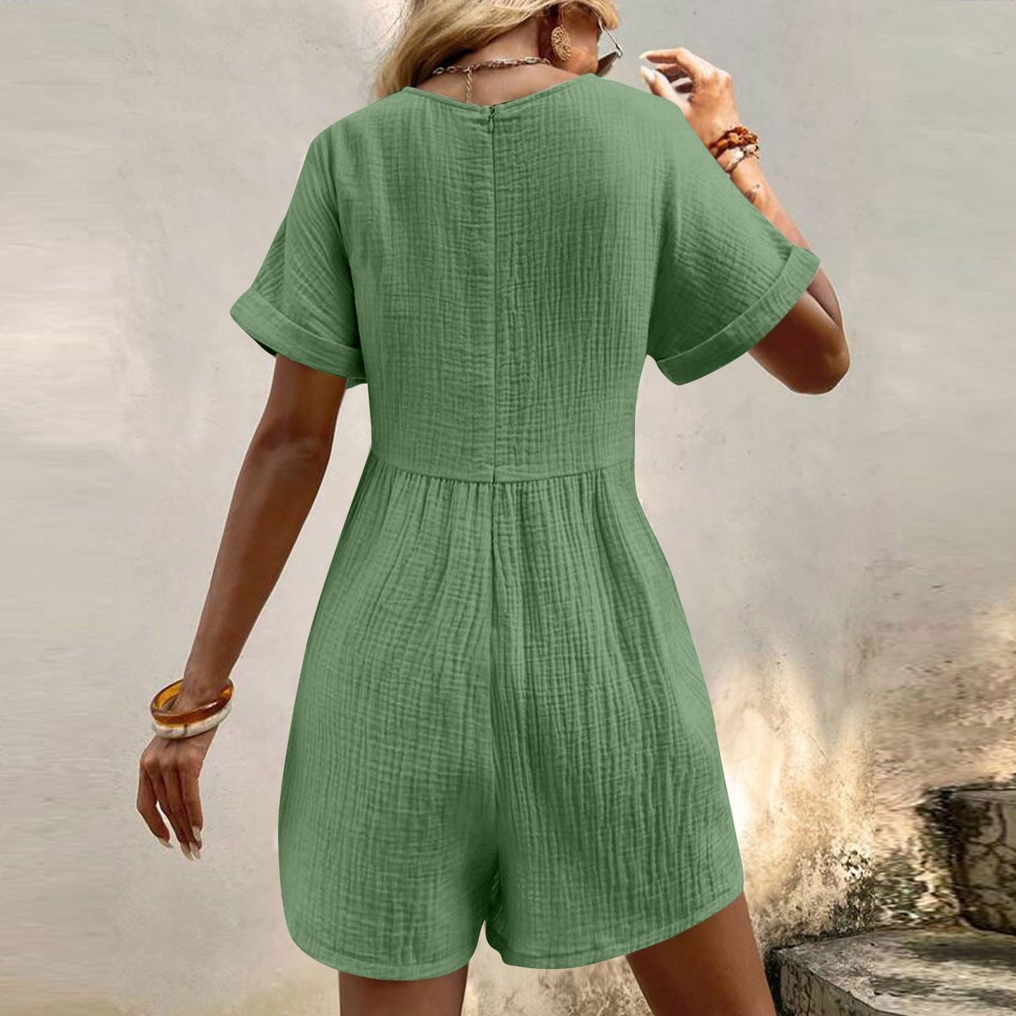 Womens Rompers for Summer V Neck Short Sleeve One Piece Jumpsuits for Women Dressy Casual Loose Fit Short Overalls with Pockets Lounge Baggy Wide Leg Tshirt Romper Summer Dresses 2024(Army Green,XL)