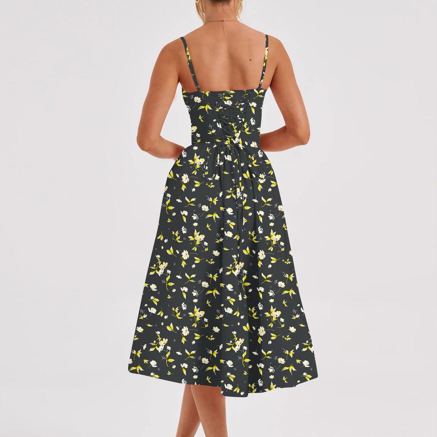 Elegant Cocktail Dresses for Women Summer Spaghetti Strap Bustier Midi Dresses Flowy Pleated Hem Low Cut Sundress with Pockets Womens Corset Dress Formal Mother of The Bride Dresses for Wedding