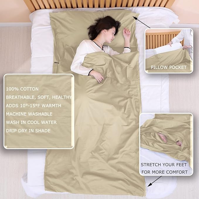 100% Cotton Sleeping Bag Liner with Full Length Zipper on 3 Sides; Single/Double Adult Sleep Sack for Travel & Camping, Multifunctional Travel Sheets (Unzipped 87”x87”) for Hotel, Lightweight