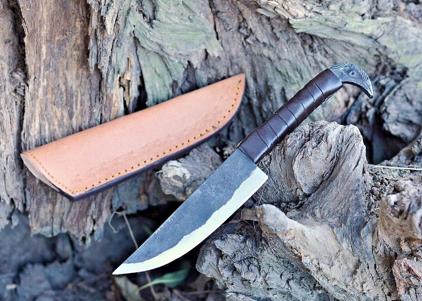 Hunting Knife Fixed Blade Raven Head Hand Forged Viking Knife, High Carbon Steel Blade, EDC Full Tang Outdoor Activities, Camping, Skinning Hiking Knife, Bushcraft Knife, Belt Loop Leather Cover