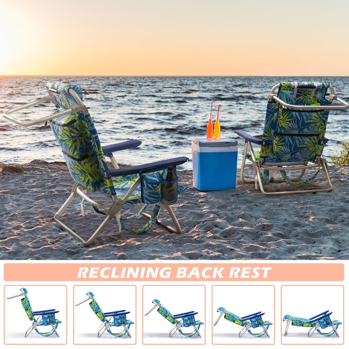 PRETZI Backpack Beach Chairs for Adults - Folding Heavy Duty Camping Chair with Storage Pouch, Cup Holder & Towel Rack, Lightweight & Adjustable Chair for Outdoor,Travel (2pcs / Tropical Foliage)