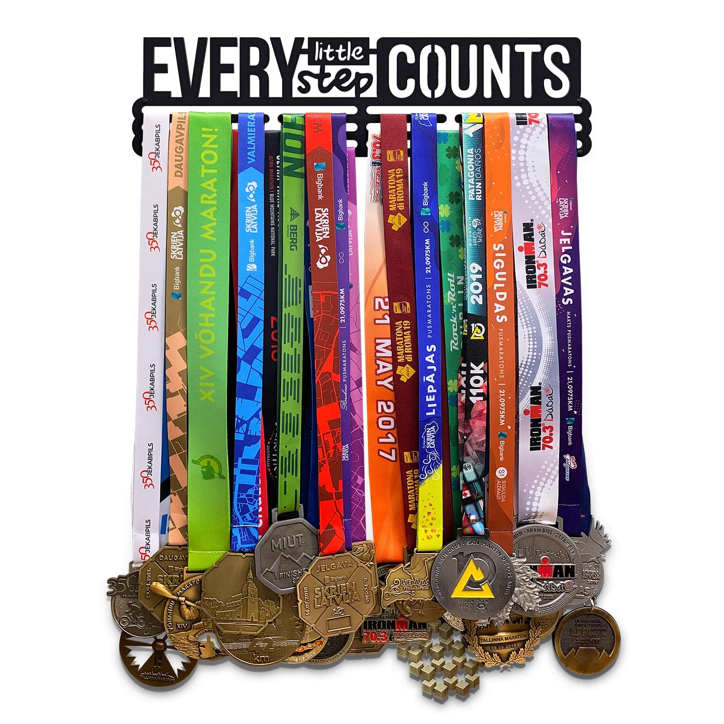 Sports Medal Hanger Display Race Every Little Step Counts | Black Race Medal Holder Awards Wall Mount | Running Marathon Race Medal Display for Wall | Steel medal holder for wall holds up to 48 Medals