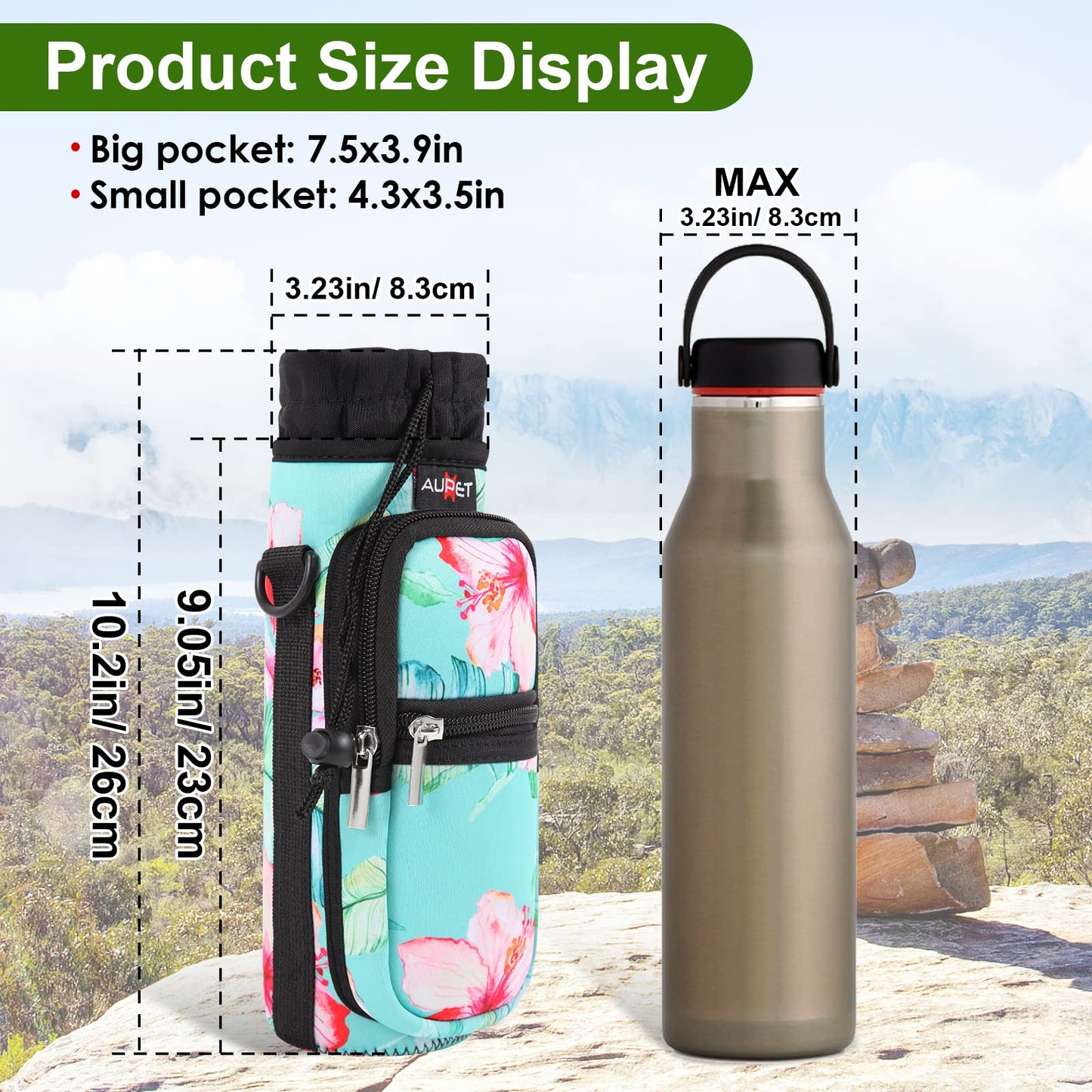 Water Bottle Sling Bag Sleeve Holder Carrier 25/32/40/64 oz ,Insulated Crossbody Water Bottle Case Cover with Strap and Pockets for Men/Women Walking Hiking Camping (25oz, flowers green background)