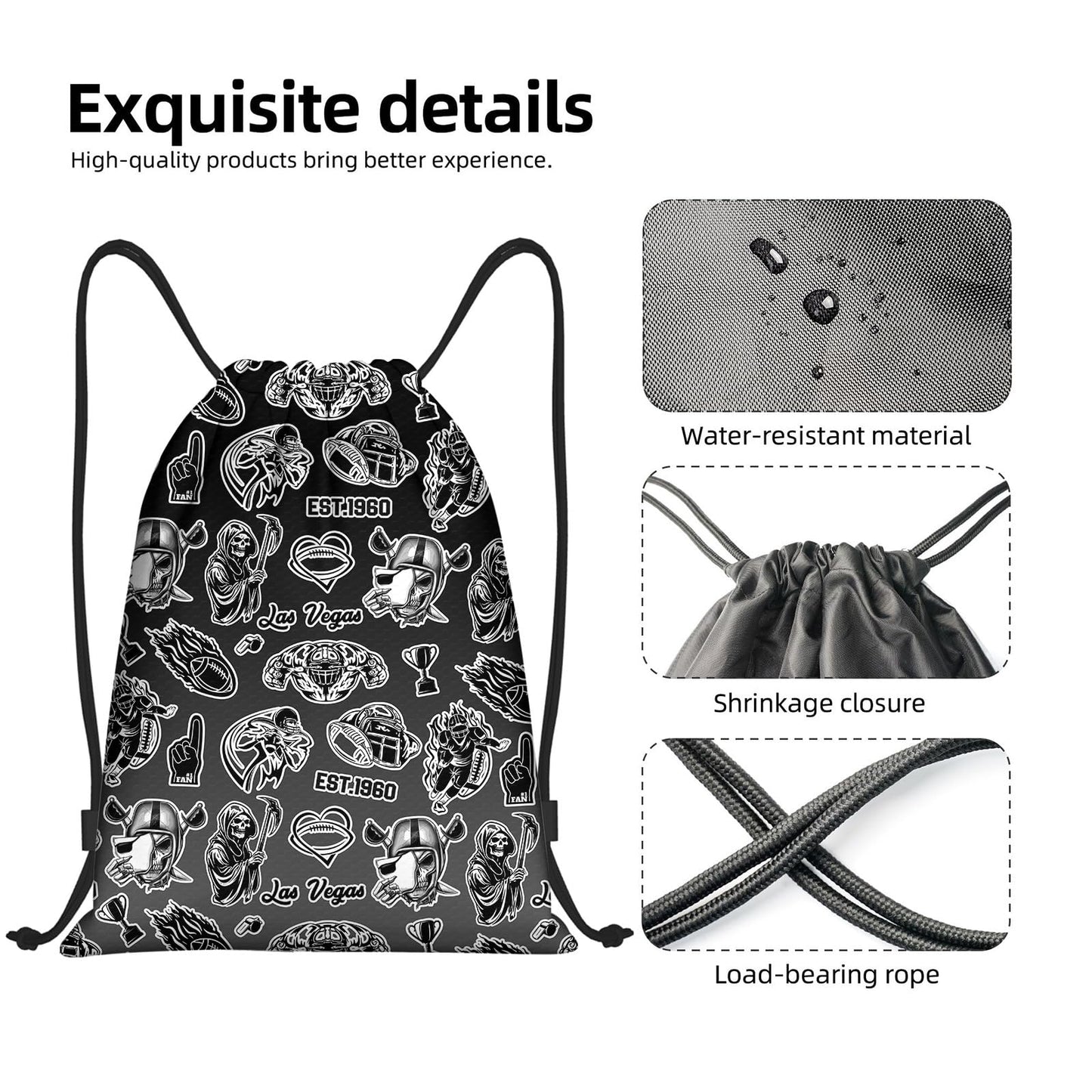 MAUPIVAE Las Vegas Drawstring Bags, Football Lovers Gym Sports Backpack, Black and Silver Hiking Travel Bag for Men Women
