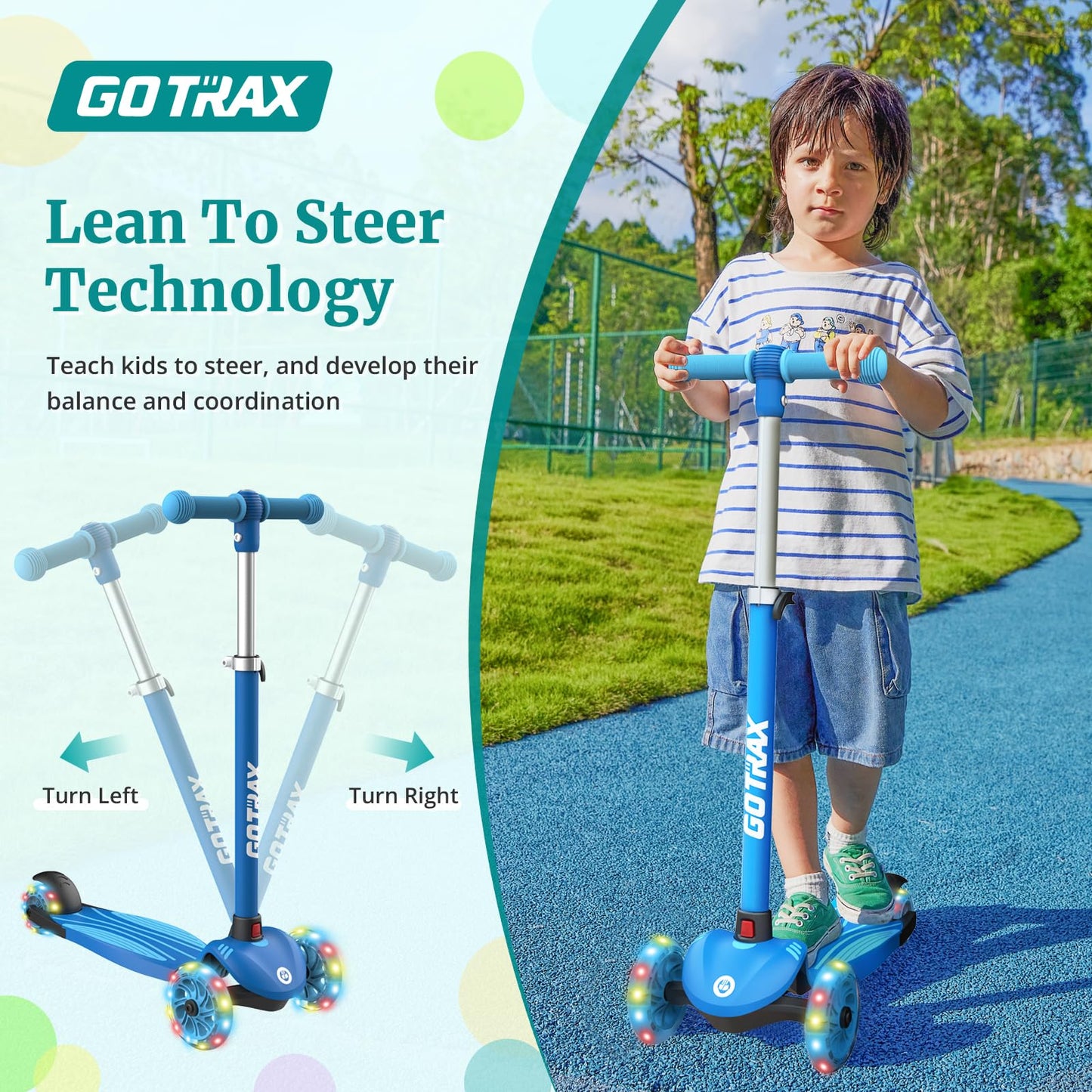 Gotrax KS1 Kids Kick Scooter, LED Lighted Wheels and 3 Adjustable Height Handlebars, Lean-to-Steer & Widen Anti-Slip Deck, 3 Wheel Scooter for Boys & Girls Ages 2-8 and up to 100 Lbs (Blue)
