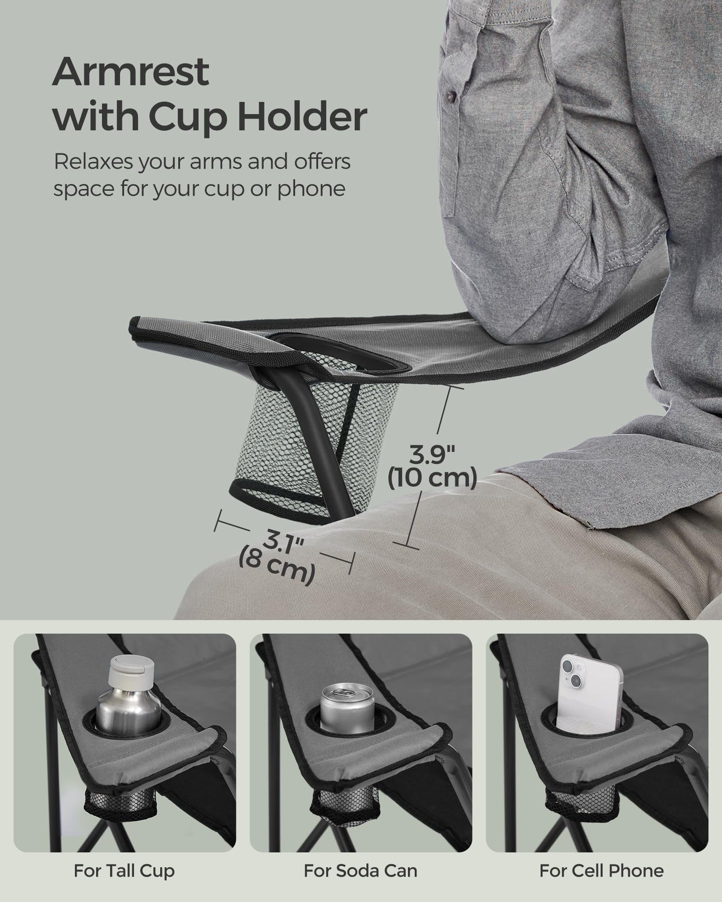 SONGMICS Folding Camping Chair Set of 2, Supports 551 lb per Chair, with Comfortable Sponge Seat, Heavy Duty Structure, Cup Holder, Outdoor Picnic Chair, Grey and Black UGCB206G01