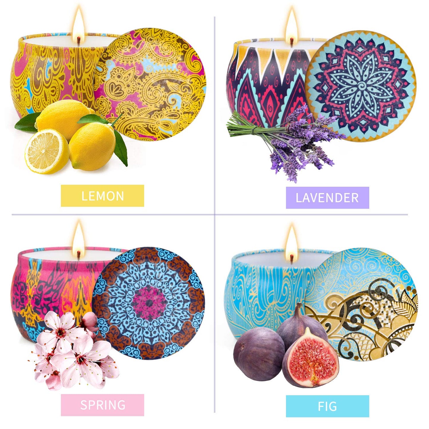 4 Pack Scented Candles Gifts Set for Women, 4.4 oz Soy Wax Portable Travel & Home Tin Jar Candles with Essential Oils for Bath, Stress Relief, Yoga Aromatherapy Candles with Strong Fragrance