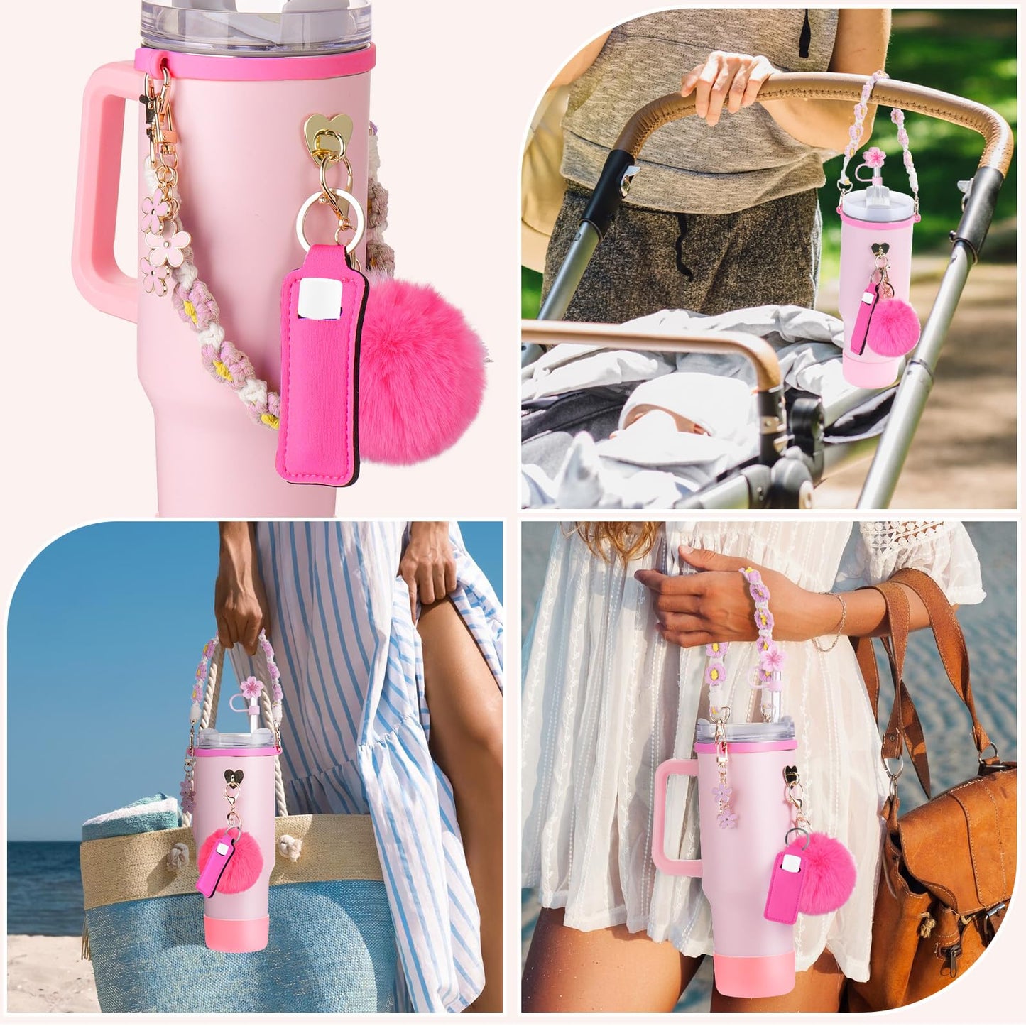 Mity rain Cup Accessories for Stanley Cup 30oz 40oz Tumbler with Handle, Including Water Bottle Handle Strap, Chapstick Holder, Boot, Keychain Charms, Straw Topper Cover Cap for Stanley (Pink)