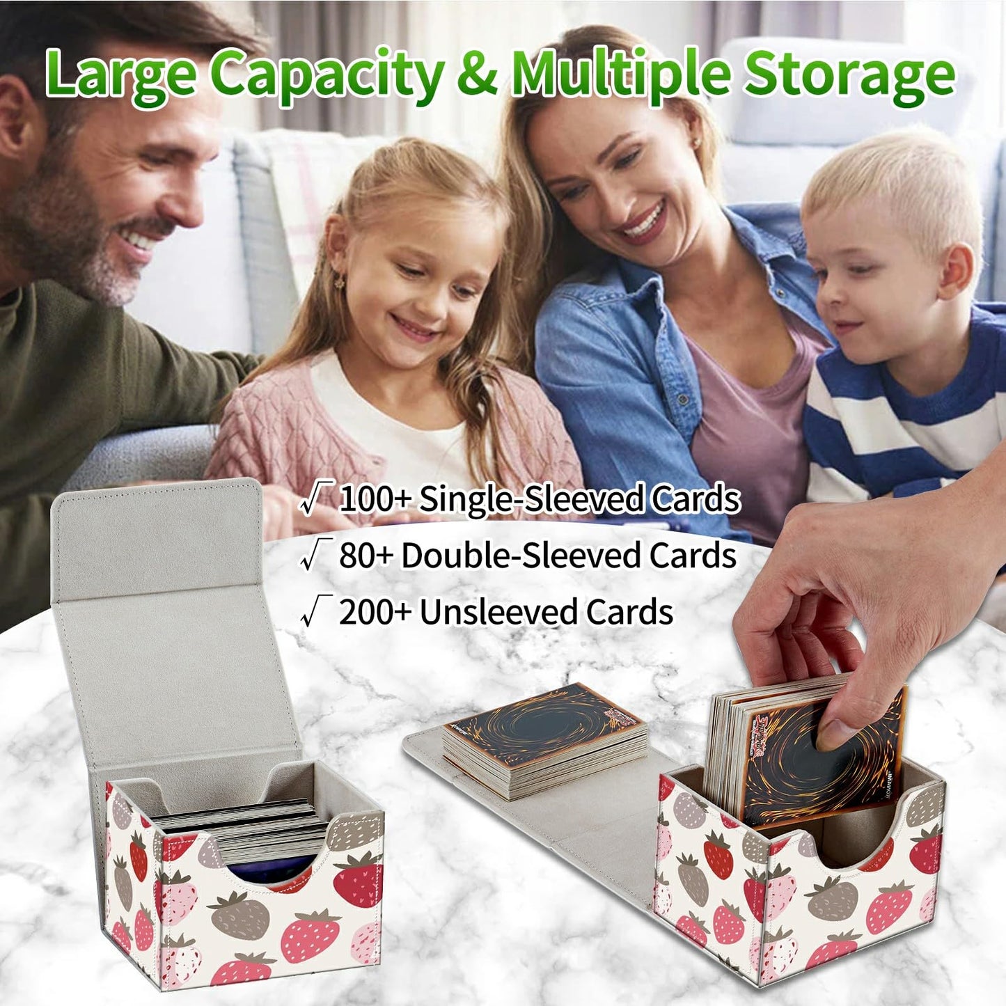 RWUTYTIUL Card Deck Box for MTG Cards, Card Storage Box Fits 100+ Sleeved Cards, PU Leather Large Size Strong Magnet Card Deck Case Holder for Board Game Magic MTG TCG CCG, Strawberry