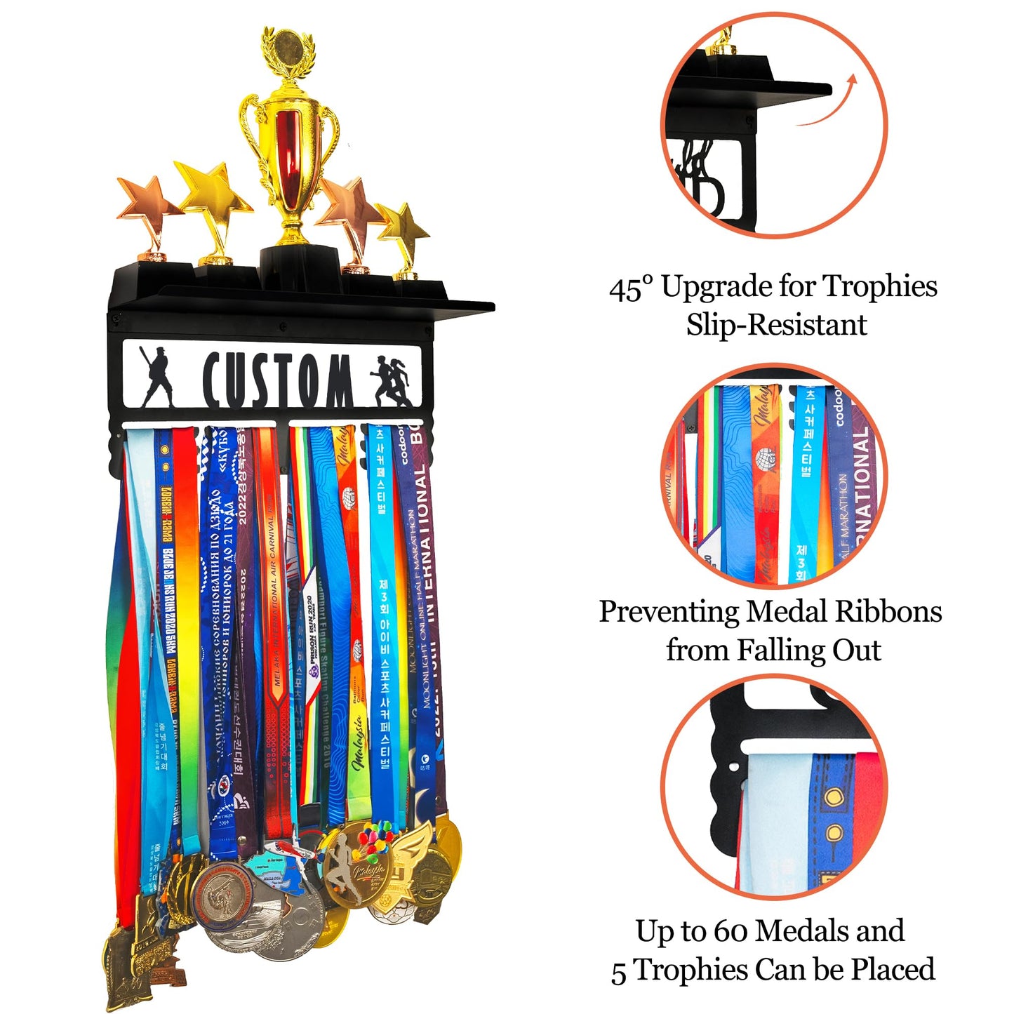 Goutoports Personalized Medal Hanger with Trophy Shelf and Custom Name Display Rack for Awards Ribbons and Trophies - Metal Holders - Holds Up to 60 Medals and Trophies - Gift for Athlete Sport Fan