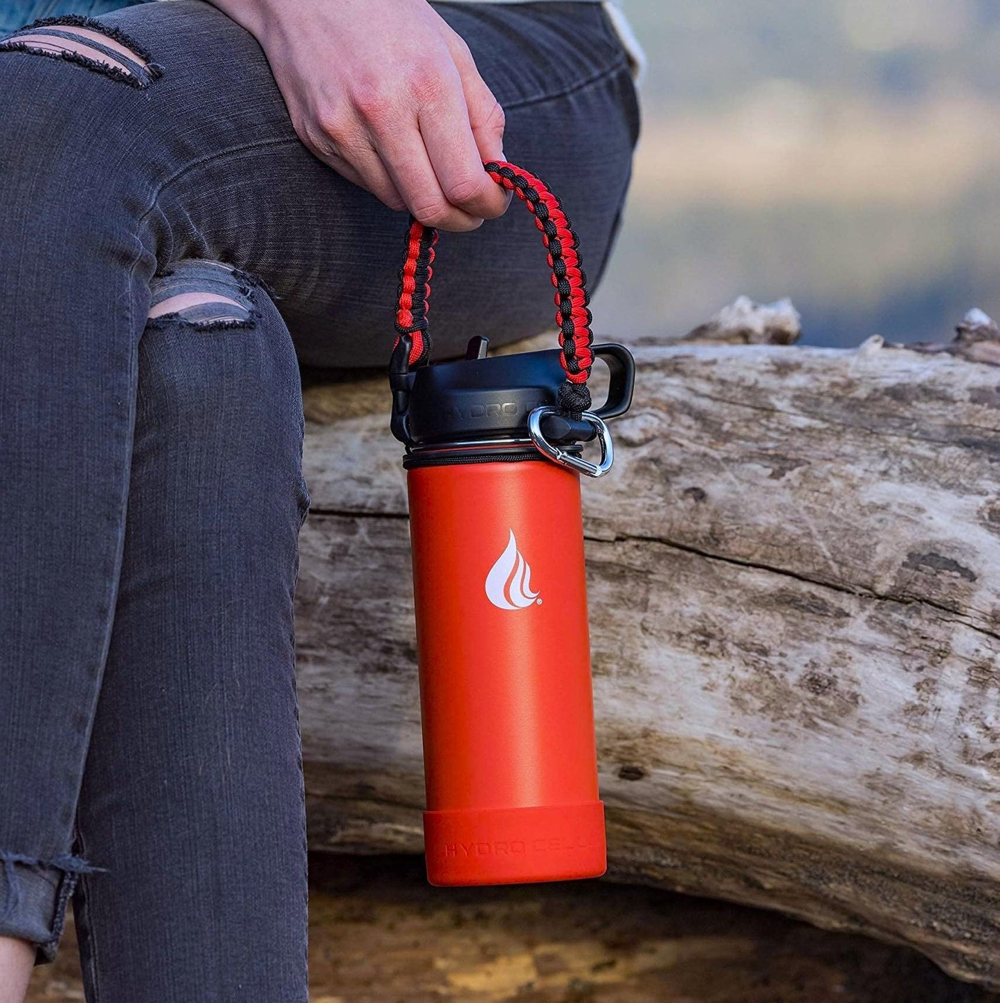HYDRO CELL Paracord Handle for Wide Mouth Water Bottles - Carrier Strap w/Attachment Ring and Carabiner Accessory. Compatible w/ 64oz, 40oz 32oz, 24oz, 18oz, 14oz Insulated Bottles (Red/Black)