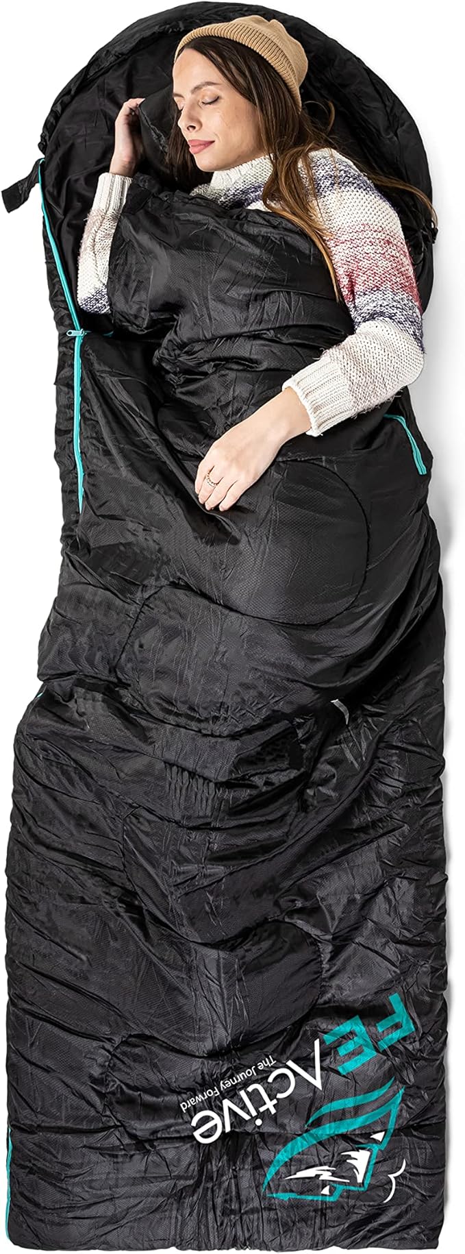FE Active Camping Sleeping Bag - 3-4 Seasons Extra Long or Lightweight Hooded, Warm Outdoor Compact & Lightweight Sleeping Bag for Camping, Backpacking, Hiking, Travel | Designed in California, USA
