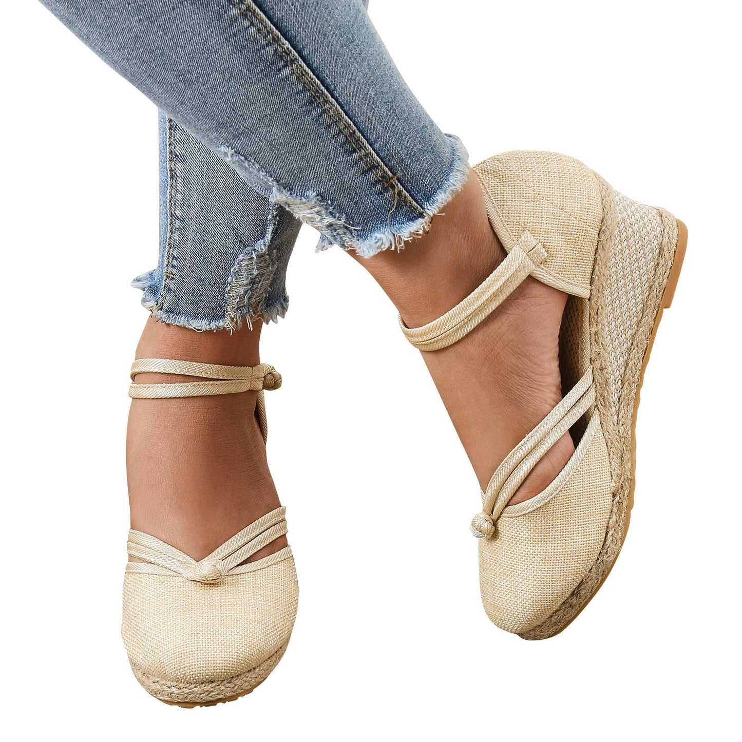 Shengsospp Women's Close Toe Espadrilles Wedge Sandals, Open Toe Elastic Ankle Strap Wedge Sandal Dress Shoes with Arch Support 04_Beige, 41