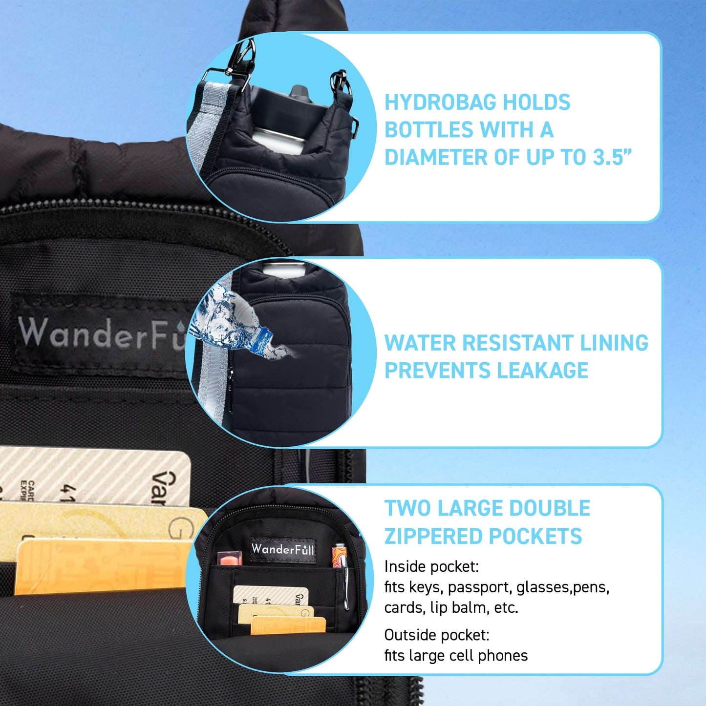 WanderFull Original Crossbody HydroBag | Quilted Water Bottle Carrier | Puffer Tote Tumbler Holder with Pockets for Phone & Accessories | Carry Travel Essentials (Matte Black/Silver Striped Strap)