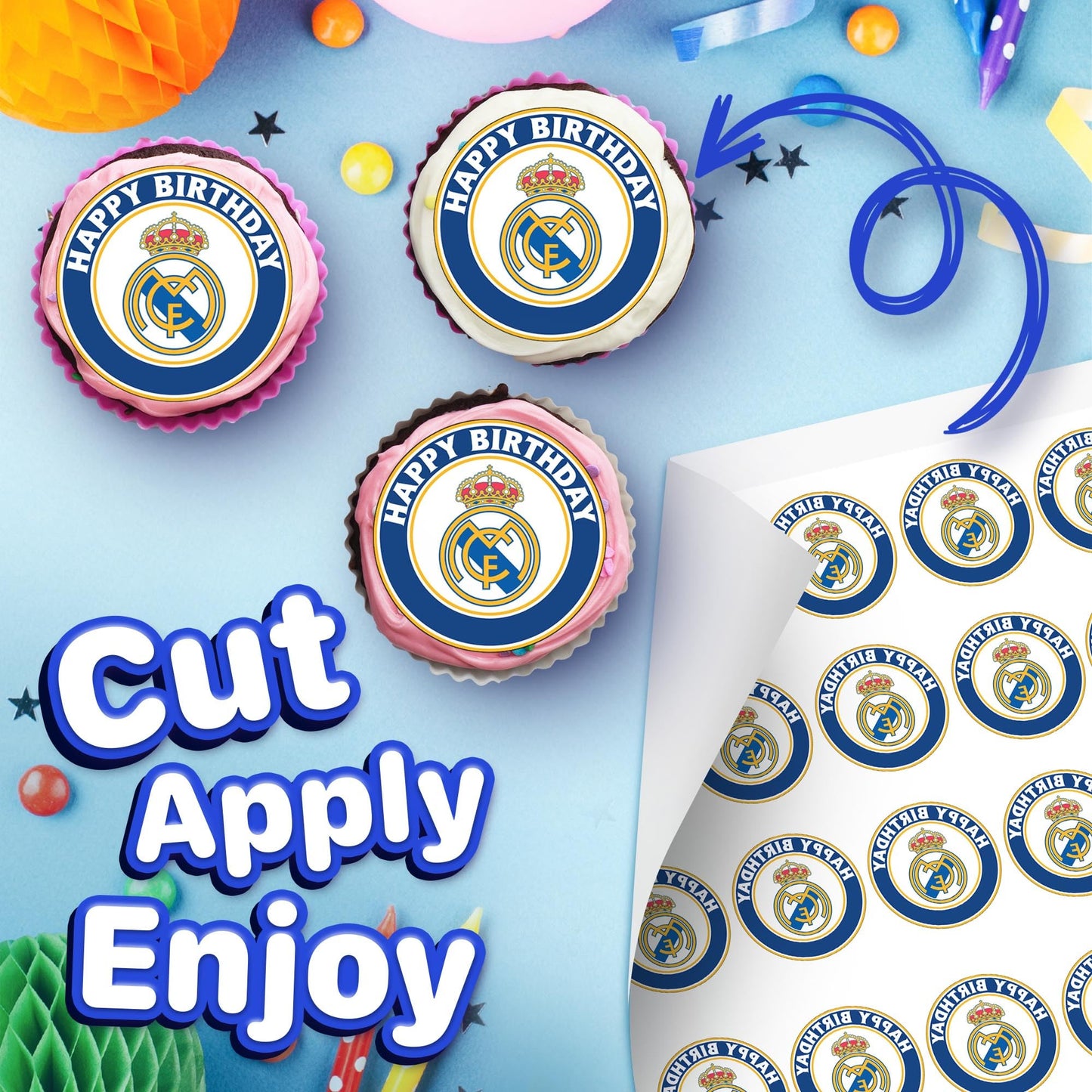 30 x Edible Cupcake Toppers – Madrid's Football Themed Collection of Edible Cake Decorations | Uncut Edible on Wafer Sheet