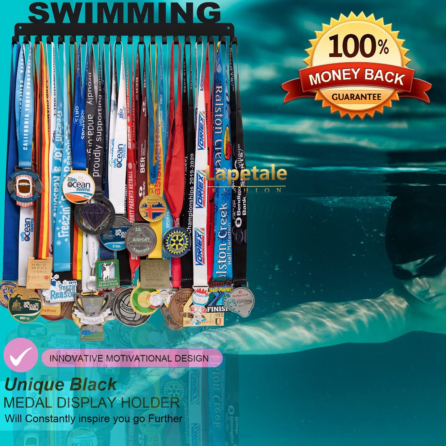 Lapetale Fashion Swimming Medal Hanger Display Medal Holder Hanger Display Rack Frame with 20PCS Hanging Hooks Upgraded Extension Hooks Easy Install Easy to Use Swimming Medal Display Rack