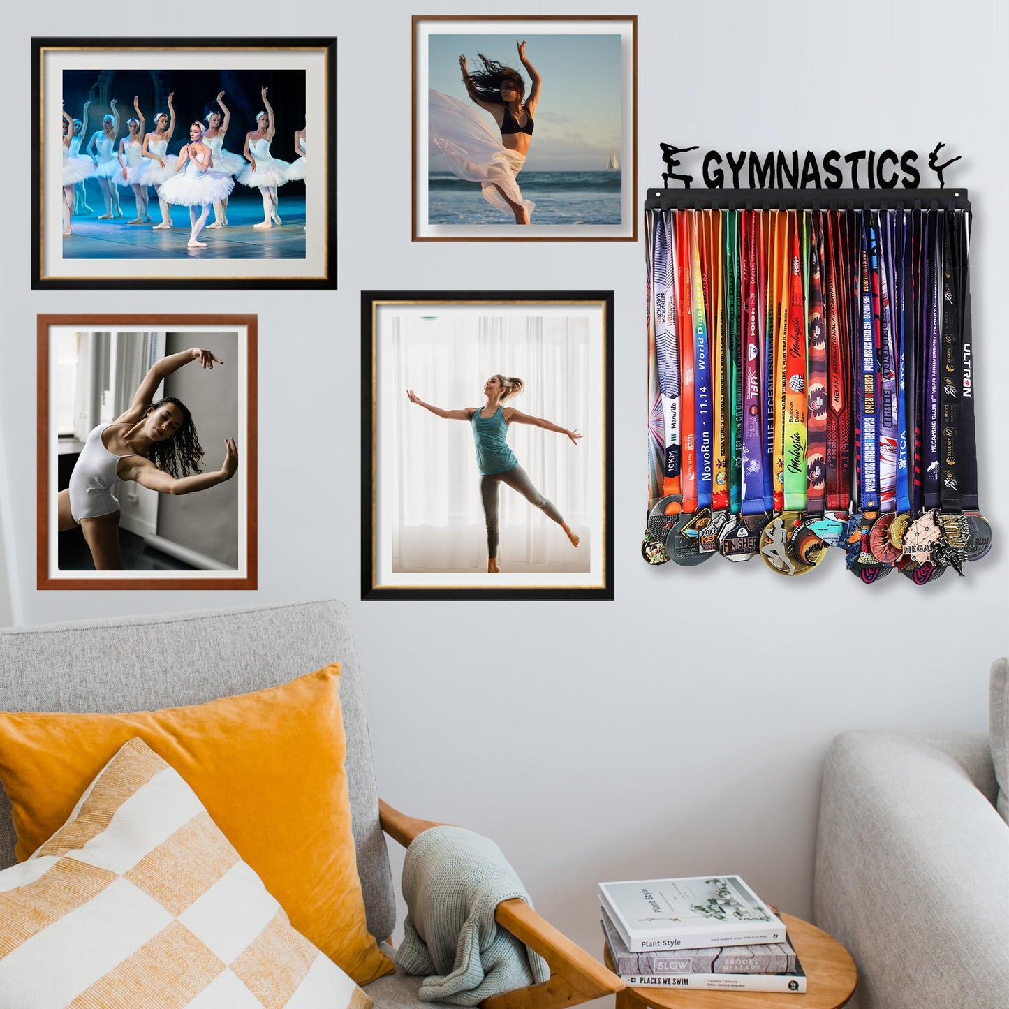 Goutoports Medal Wall Hanger Display - Gymnastics Girls - Award Plaques Rack for Sports - Black Steel Metal Holder With 20 Hooks Hold Up 60 Medals Easy to Install