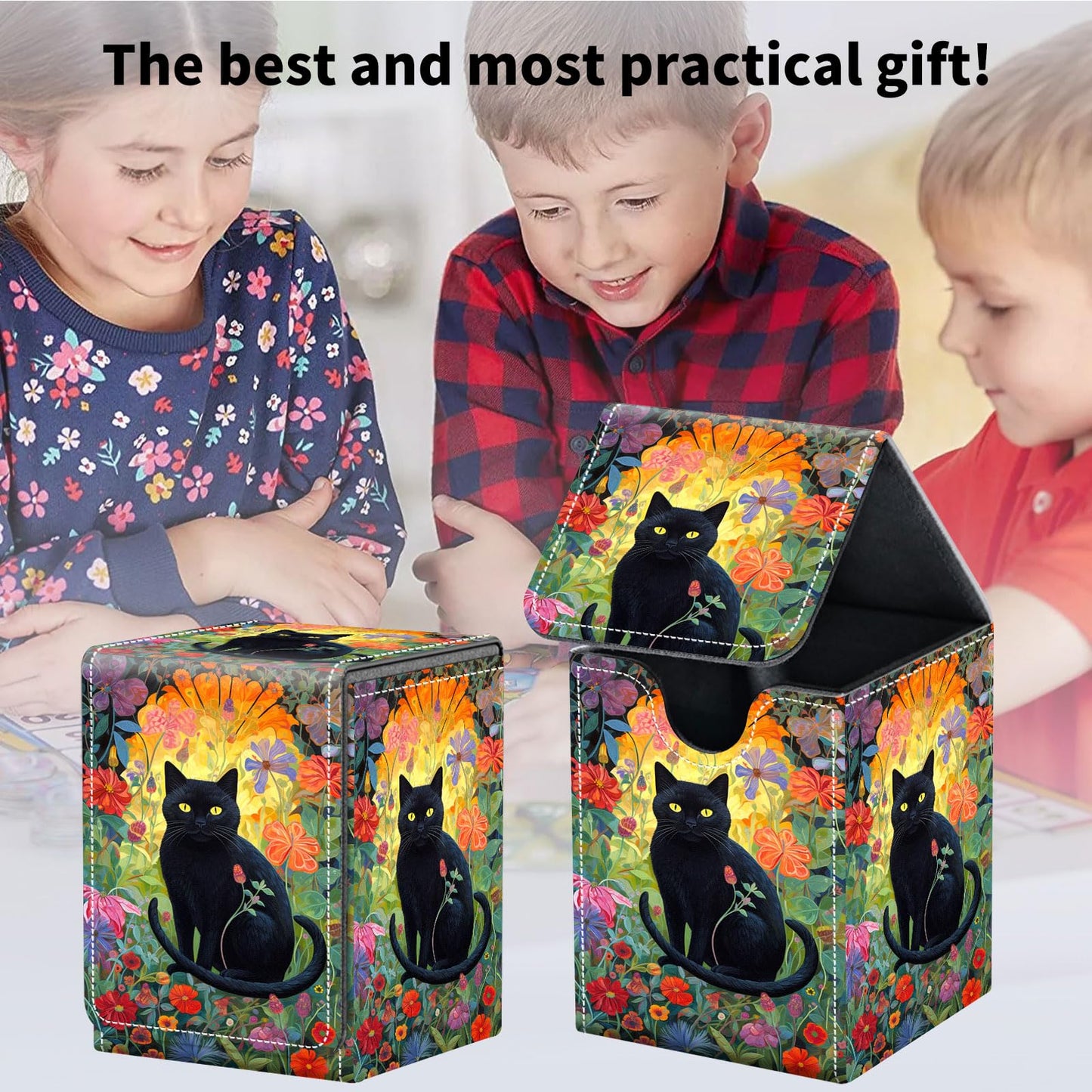 Qindaiwen Card Deck Box for Trading Cards, MTG Deck Box Fits 100+ Single Sleeved Cards, PU Leather Strong Magnet Card Deck Case Holder for Magic Commander TCG CCG, Cat Floral