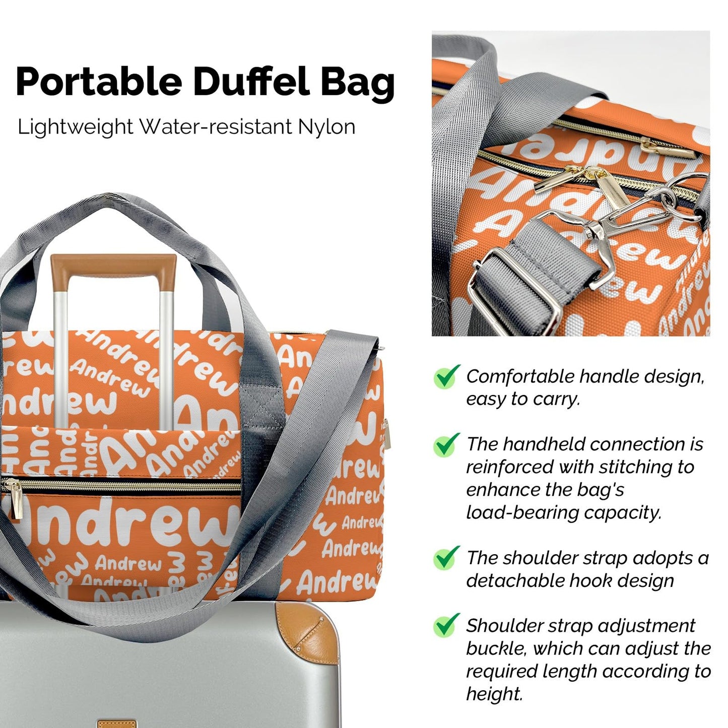 Personalized Sports Gym Bag Weekender Overnight Bags Orange Customized Travel Duffel Bag with Name Waterproof Luggage Bag for Women
