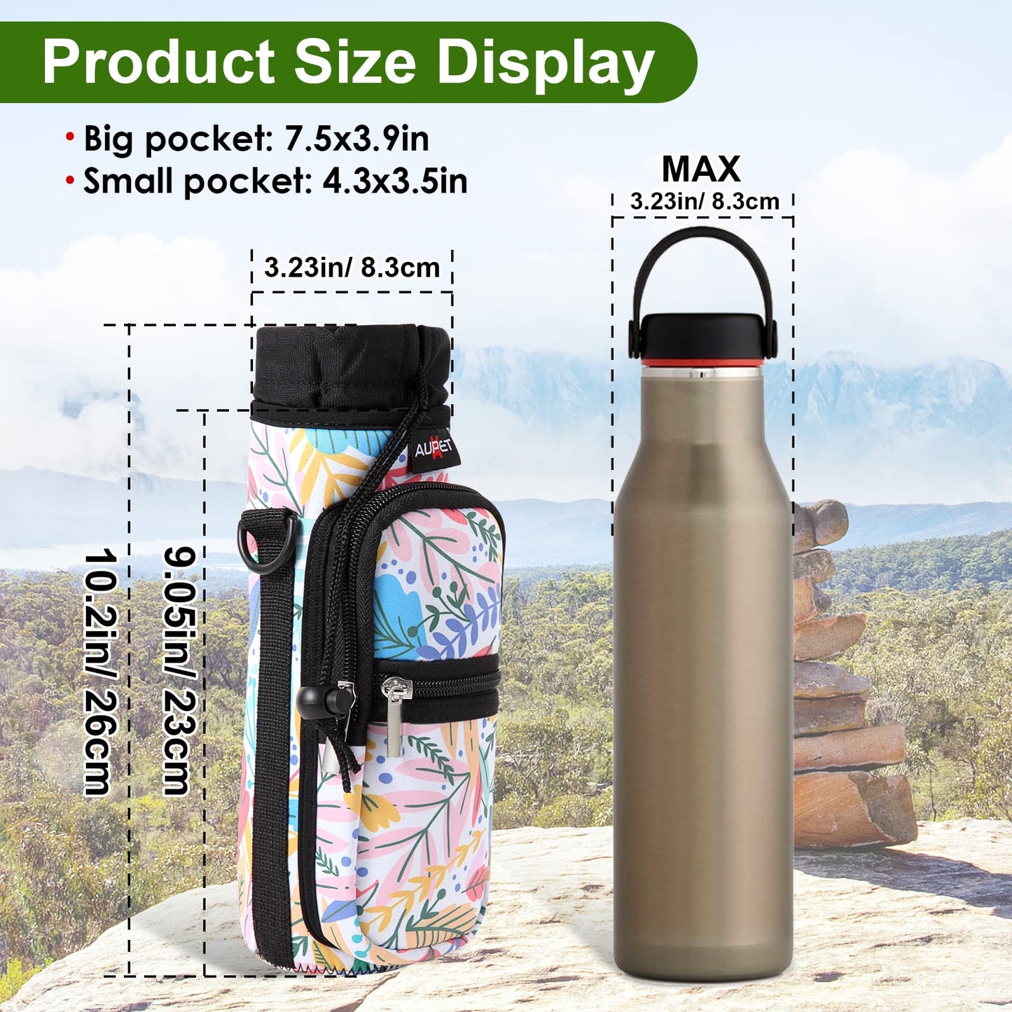 AUPET Water Bottle Sling Bag Sleeve Holder Carrier 25/32/40/64 oz,Insulated Crossbody Water Bottle Case Cover with Strap and Pockets for Men/Women Walking Hiking Camping (25oz, yellow leaves)