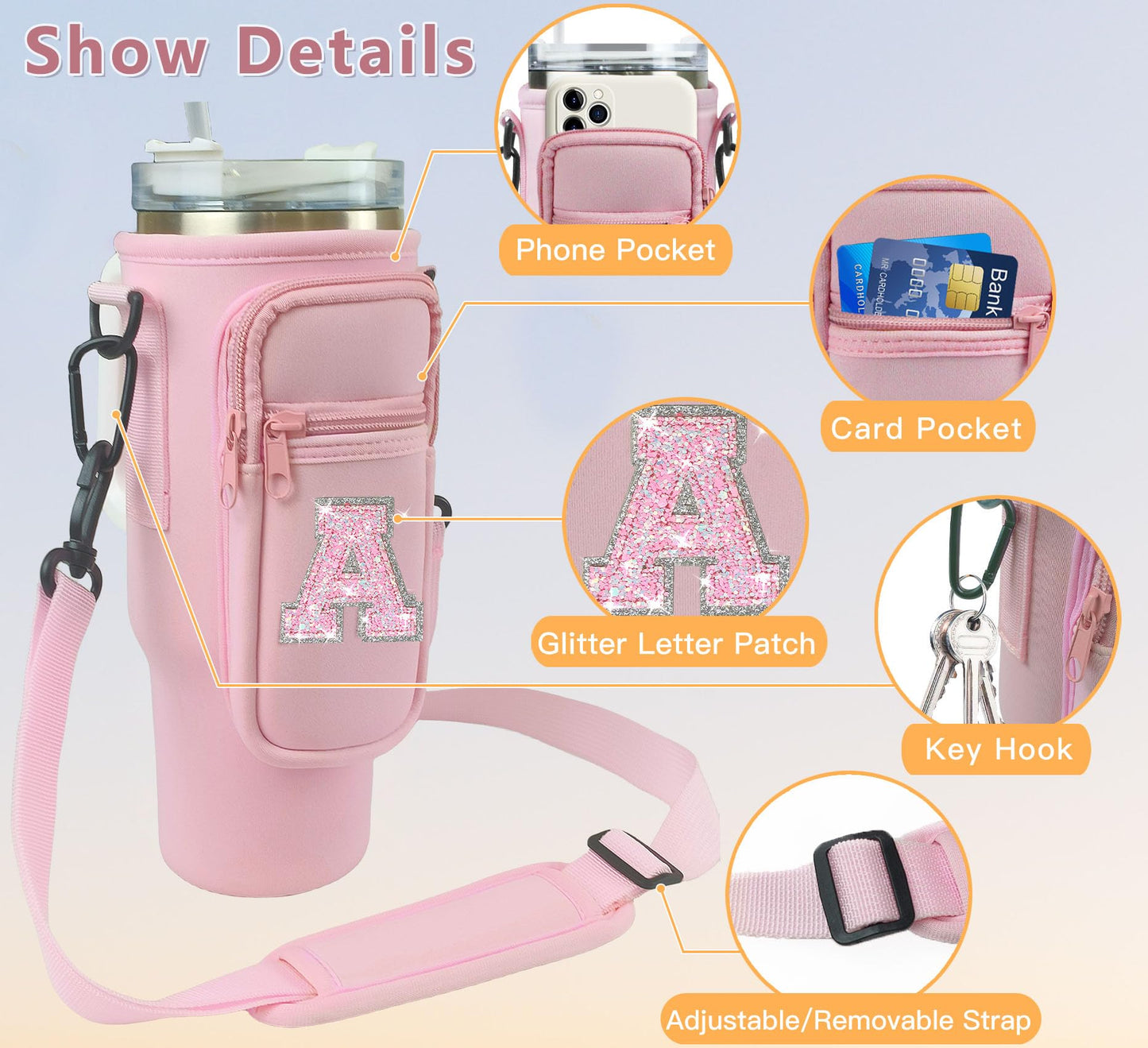 Aganmi Initial Water Bottle Carrier Bag with Phone Pocket for Stanley 40Oz Cup Accessories,Water Bottle Holder with Shoulder Strap Mothers Day Birthday Gifts for Women Mom Teacher Friend(Pink S)