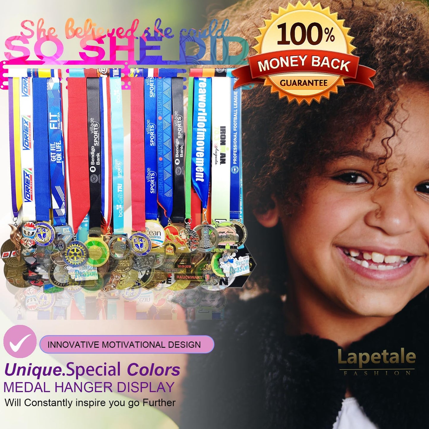Lapetale Fashion Medal Hanger Holder Display Wall Rack Frame Shelf in 16" long-Medal Hanger Awards Ribbon Cheer,gymnastics,soccer,softball Holder Display Custom Rack for Sports Medals Easy to Install
