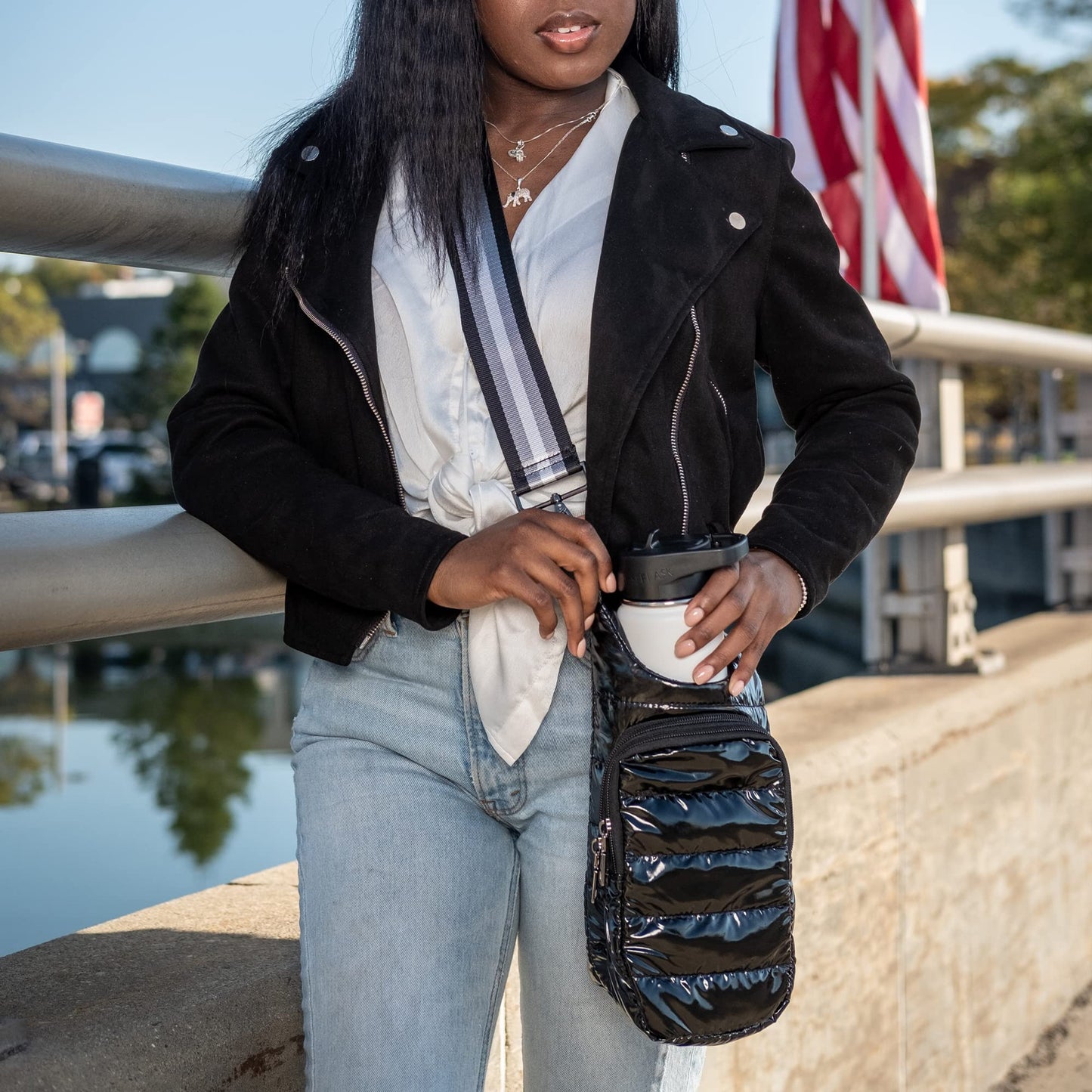 WanderFull Original Crossbody HydroBag | Quilted Water Bottle Carrier | Puffer Tote Tumbler Holder with Pockets for Phone & Accessories | Carry Travel Essentials (Black Glossy/Grey Striped Strap)