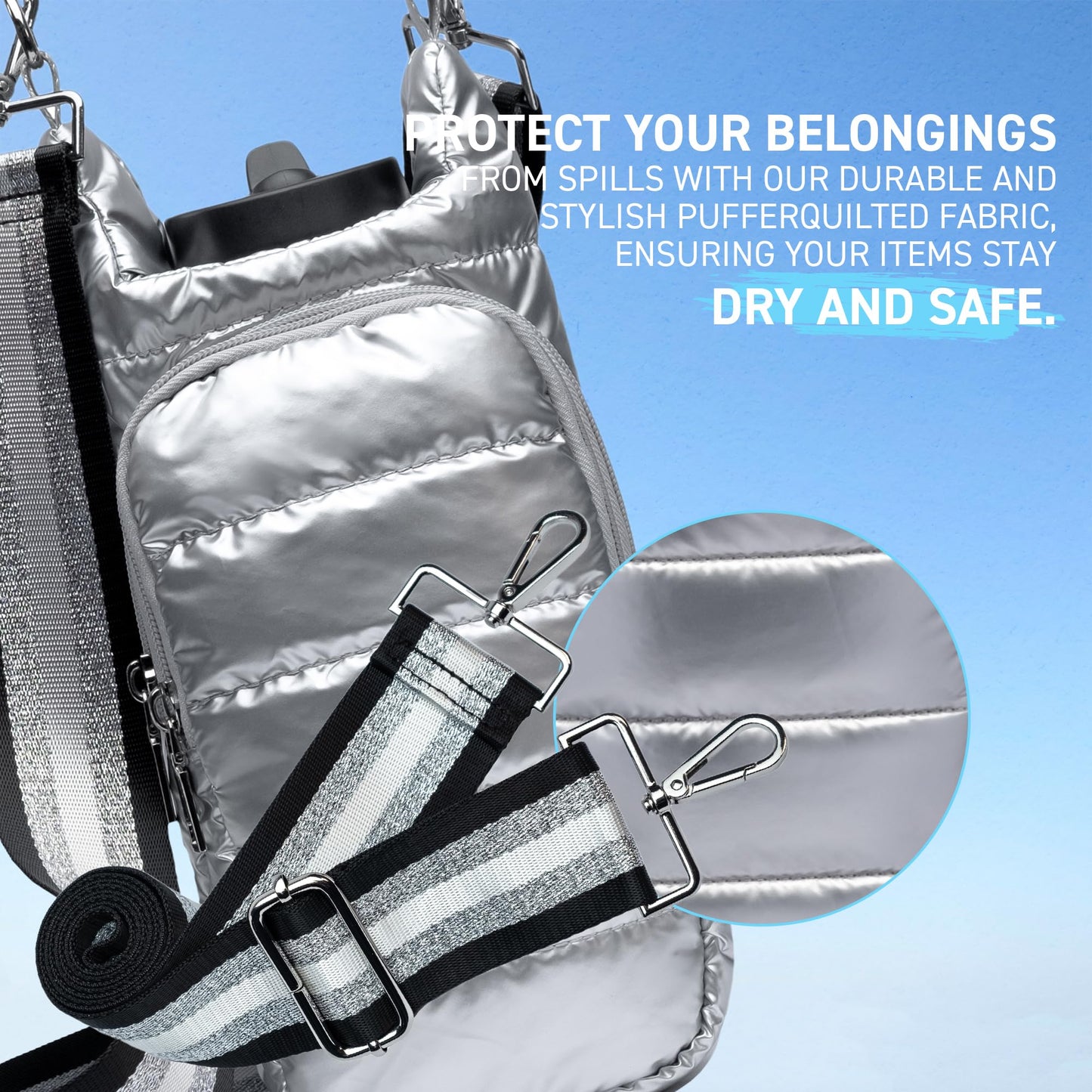 WanderFull Original Crossbody HydroBag | Quilted Water Bottle Carrier | Puffer Tote Tumbler Holder w/Pockets for Phone & Accessories | Carry Travel Essentials (Silver Metallic/Interchangeable Strap)