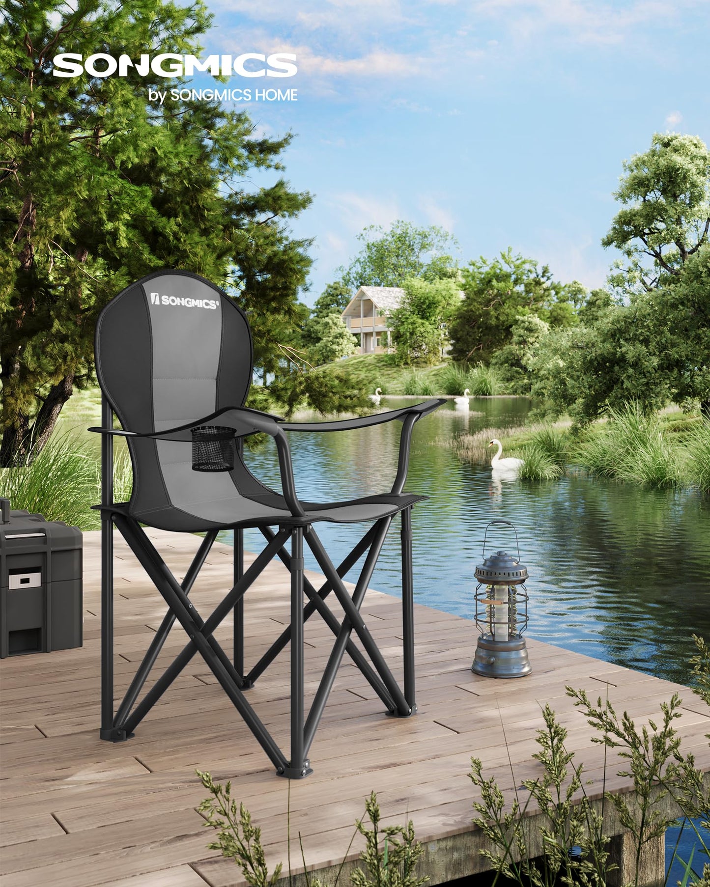 SONGMICS Folding Camping Chair Set of 2, Supports 551 lb per Chair, with Comfortable Sponge Seat, Heavy Duty Structure, Cup Holder, Outdoor Picnic Chair, Grey and Black UGCB206G01