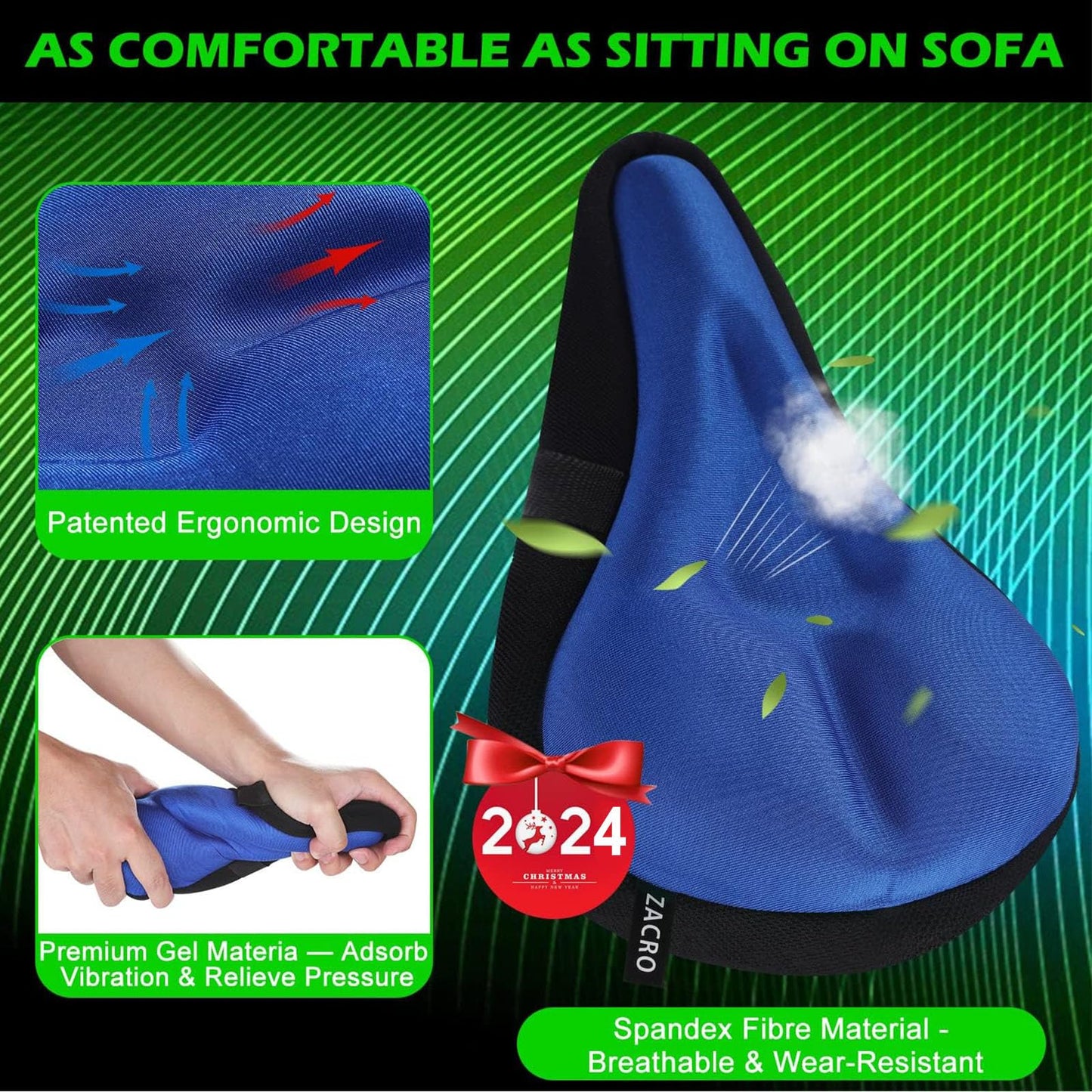 Zacro Bike Seat Cushion - Padded Gel Bike Seat Cover for Men & Womens Comfort, Compatible with Peloton, Stationary Exercise or Cruiser Bicycle Seats, 11 x 7 inches
