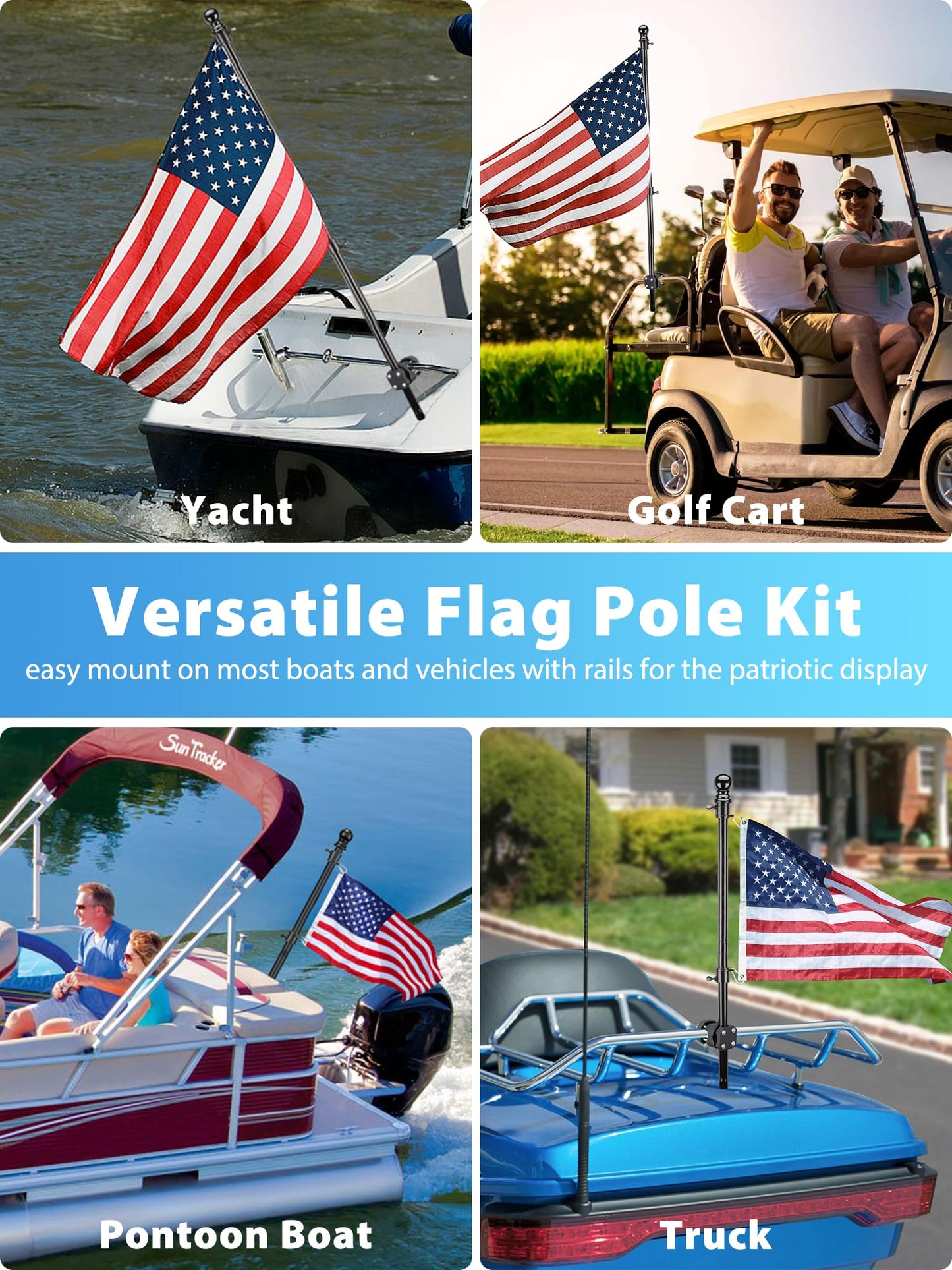 Boat Flag Pole, Pontoon Boat Accessories Flag Pole Kit with 12”x18” American Flag, 45 in Flag Pole, Holder Mount for 0.5"-1.1" Rails, Tangle Free Rings, Metal Black Marine Flags Pole for Yacht, 2 Pack