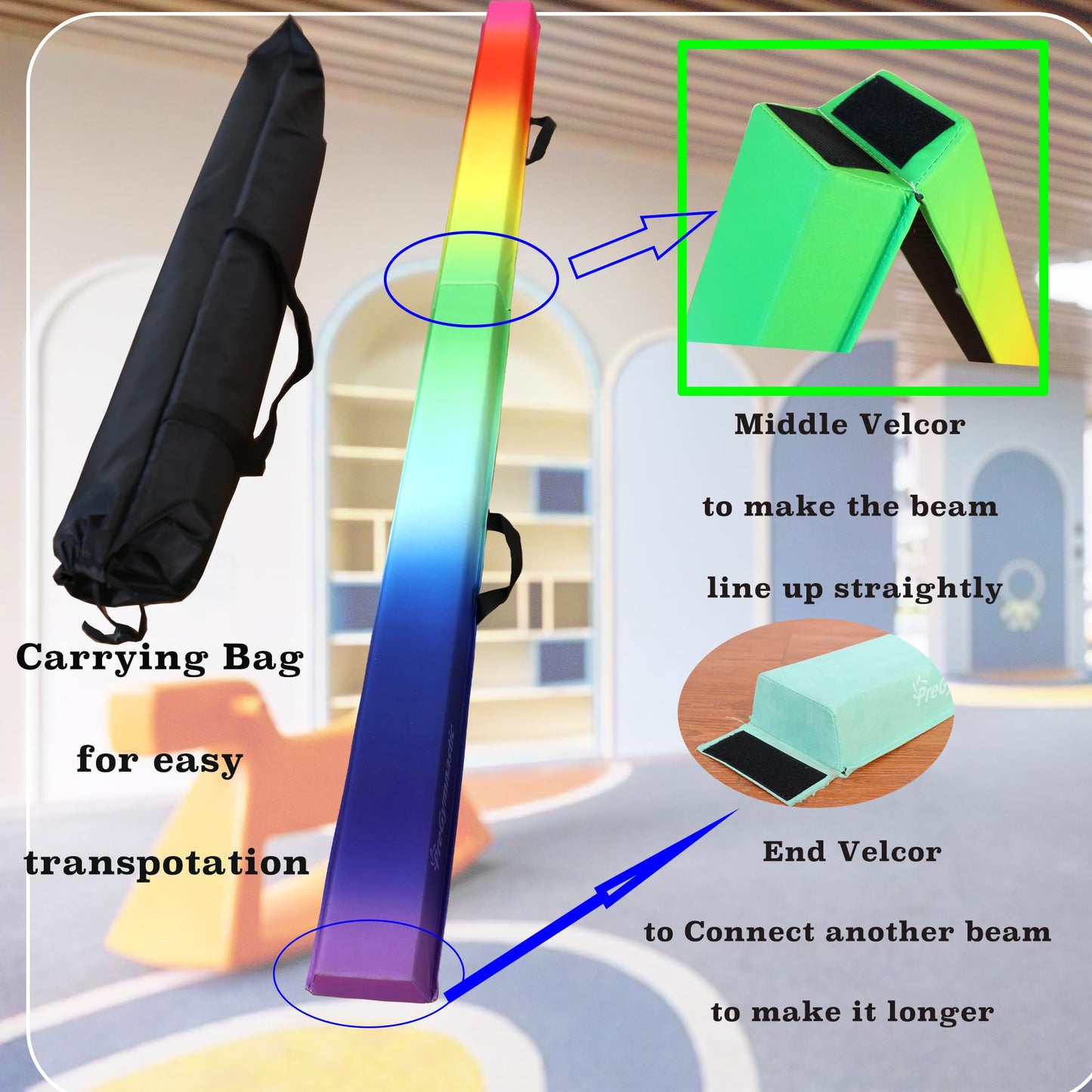 PreGymnastic 6FT/8FT/9.5FT Folding Balance Beam for Kids 3-12,Foldable Gymnastics Floor Beam-Extra Firm Suede Cover with Carry Bag for Home-Gym Equipment for Toddler Teenage (Rainbow, 6FT)