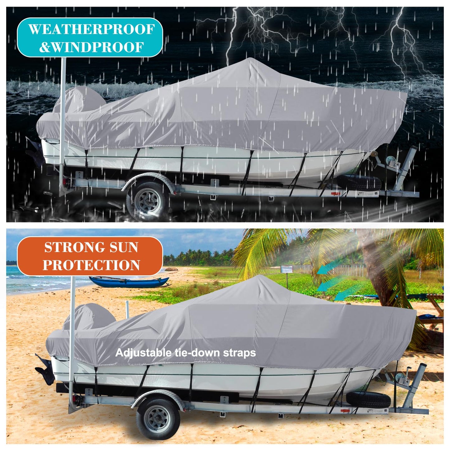 Comcaver Trailerable Boat Cover, Heavy Duty 800D 100% Waterproof Marine Grade Oxford Cloth, Weather Resistant Windproof UV & Tear-Resistant V-Hull Boat Cover, 14-16ft Long by 68in Wide, Light Grey