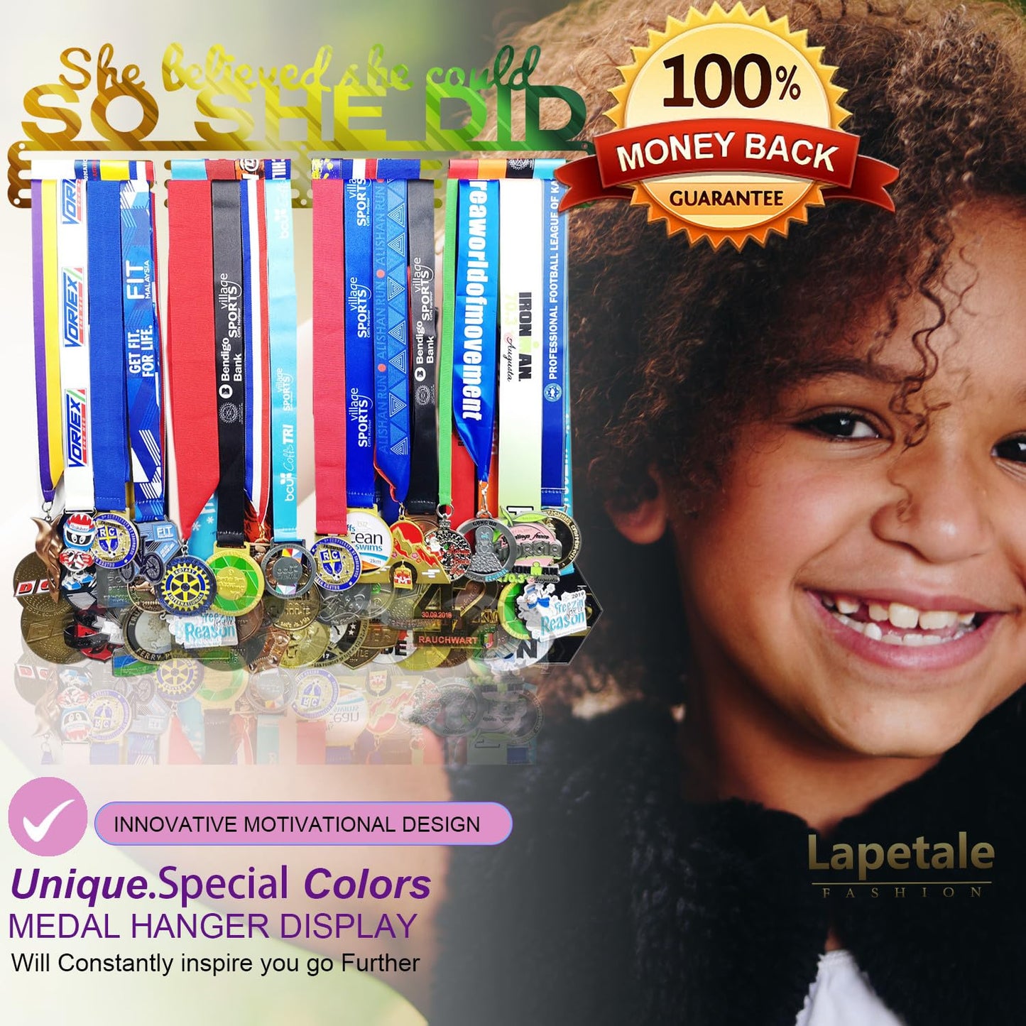 Lapetale Fashion Medal Hanger Holder Display Wall Rack Frame Shelf in 16" long-Medal Hanger Awards Ribbon Cheer,gymnastics,soccer,softball