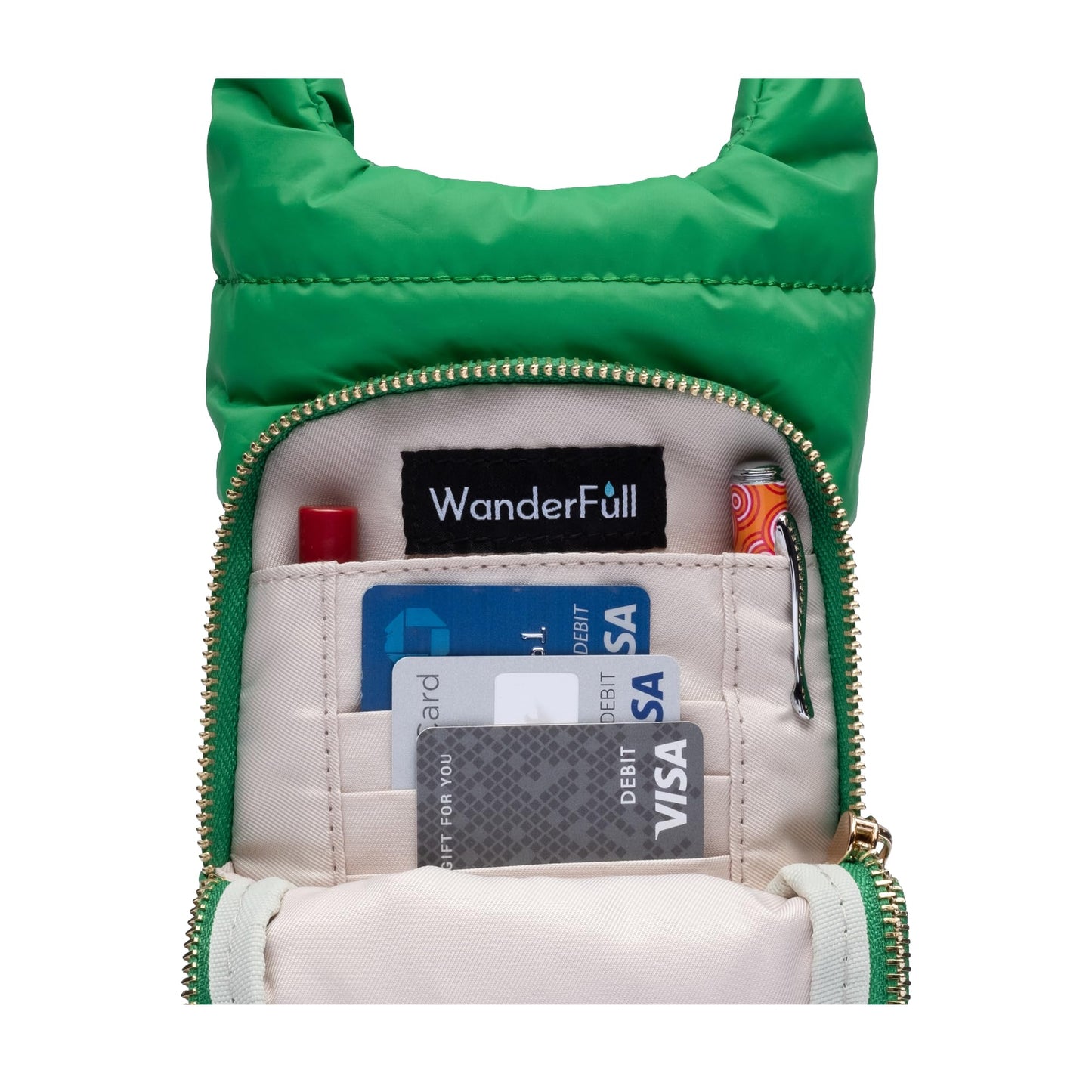 WanderFull Original Crossbody HydroBag | Quilted Water Bottle Carrier | Puffer Tote Tumbler Holder w/Pockets for Purse, Phone & Accessories | Carry Travel Essentials (Kelly Green Matte/Striped Strap)