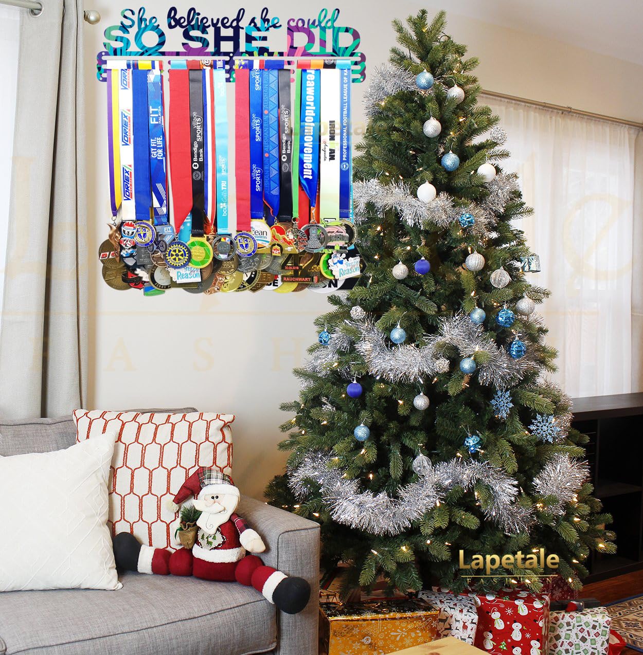 Lapetale Fashion Medal Hanger Holder Display Wall Rack Frame Shelf in 16" long-Medal Hanger Awards Ribbon Cheer,gymnastics,soccer,softball Holder Display Custom Rack for Sports Medals Easy to Install