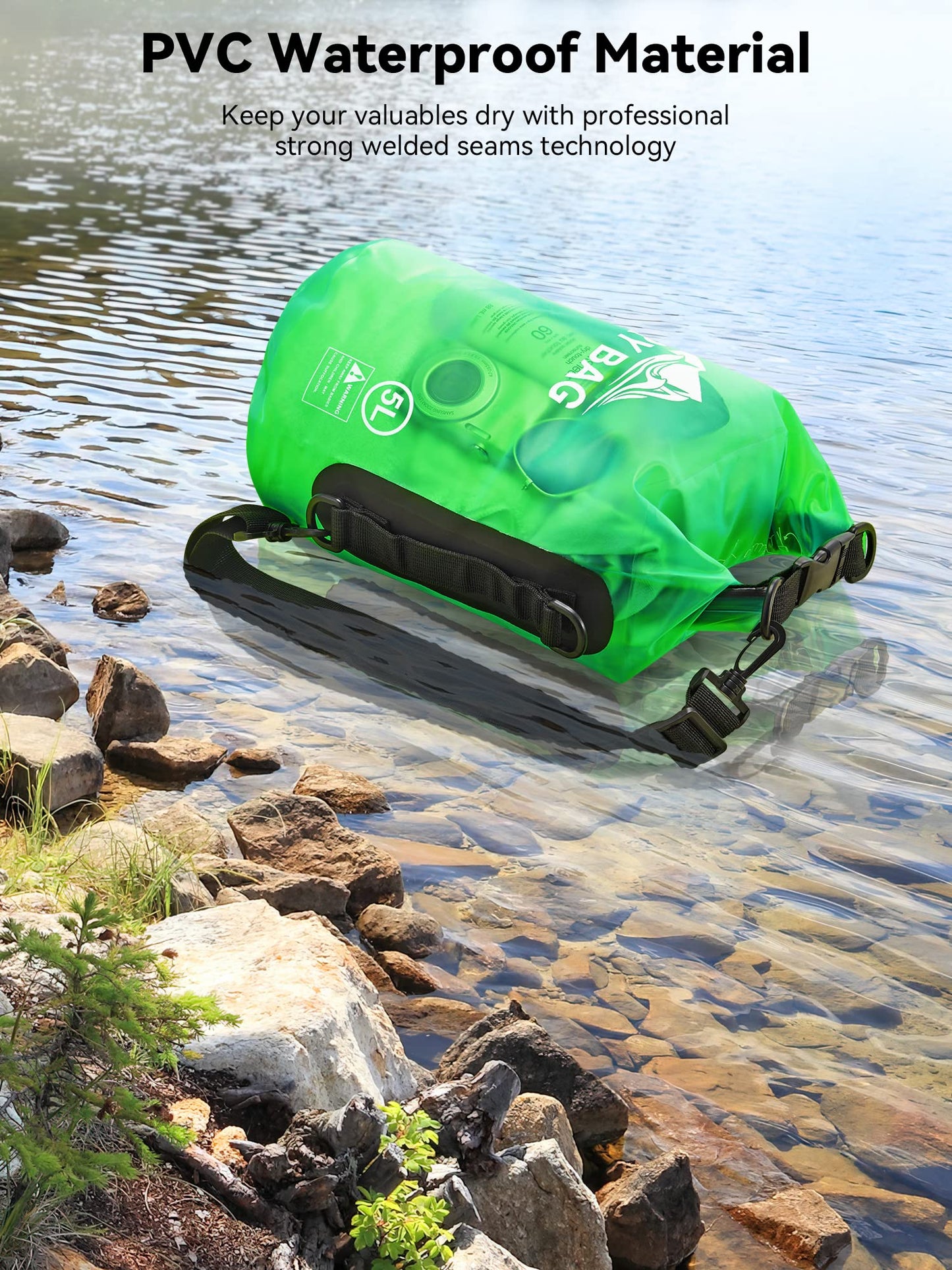 HEETA Waterproof Dry Bag for Women Men, Roll Top Lightweight Dry Storage Bag Backpack with Phone Case for Travel, Swimming, Boating, Kayaking, Camping and Beach, Transparent Green 5L