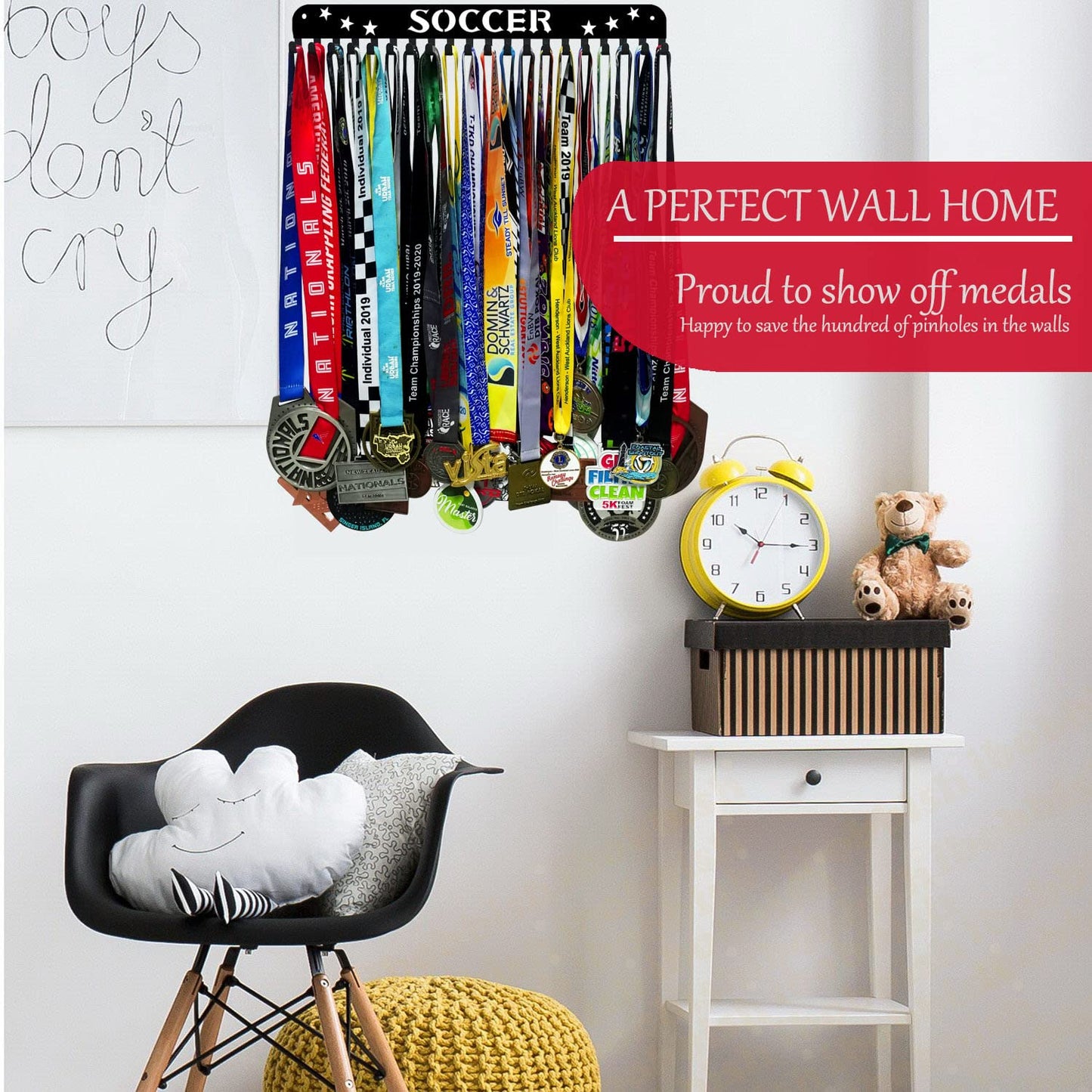 Soccer Sports Medal Holder Hanger Display Rack with 20 Hooks,Soccer Medal Holder For Wall with 16inchL,sports medal hanger display Upgraded Soccer Medal Holder with Simple Design For Girls & Boys