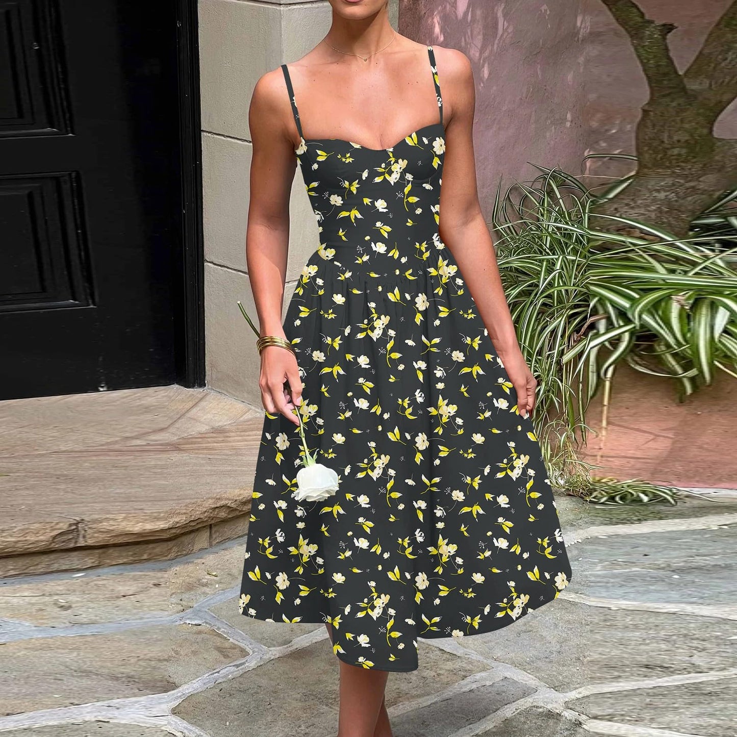 Elegant Cocktail Dresses for Women Summer Spaghetti Strap Bustier Midi Dresses Flowy Pleated Hem Low Cut Sundress with Pockets Womens Corset Dress Formal Mother of The Bride Dresses for Wedding