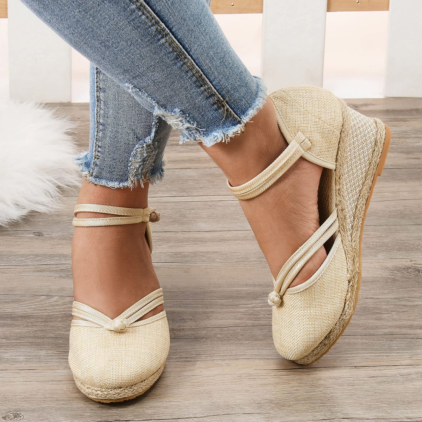 Shengsospp Women's Close Toe Espadrilles Wedge Sandals, Open Toe Elastic Ankle Strap Wedge Sandal Dress Shoes with Arch Support 04_Beige, 41