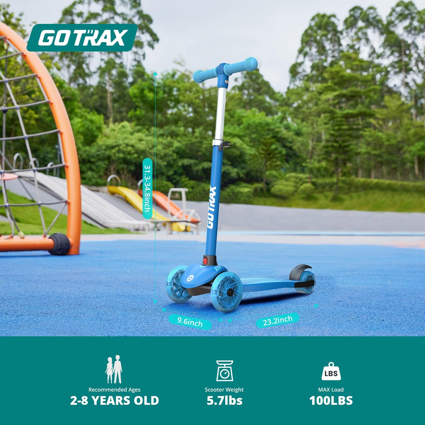 Gotrax KS1 Kids Kick Scooter, LED Lighted Wheels and 3 Adjustable Height Handlebars, Lean-to-Steer & Widen Anti-Slip Deck, 3 Wheel Scooter for Boys & Girls Ages 2-8 and up to 100 Lbs (Blue)