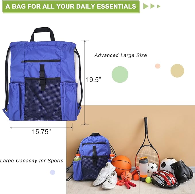 BeeGreen Drawstring Backpack Sports Gym Bag With Shoe Compartment and Two Water Bottle Holder …
