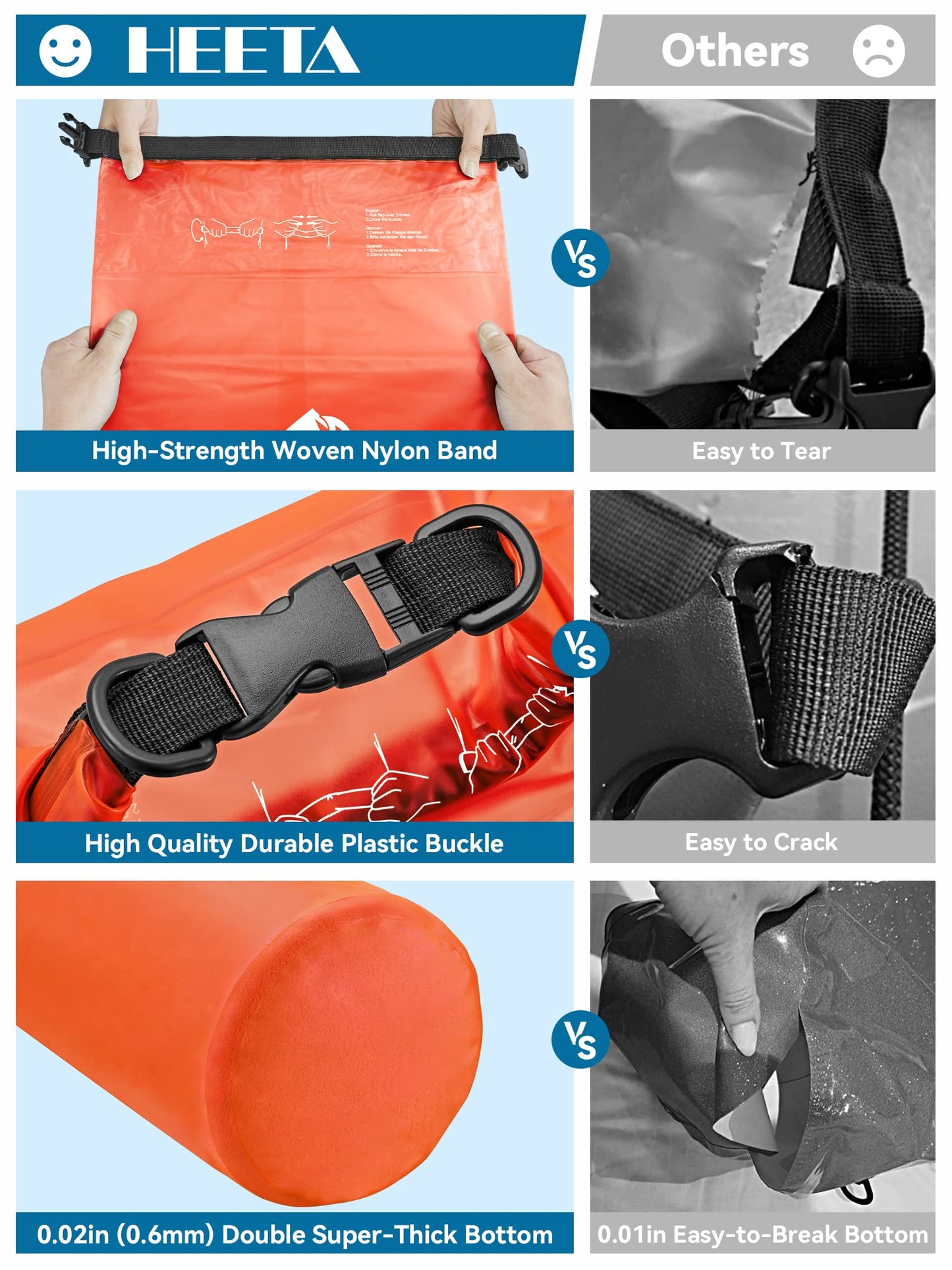 HEETA Waterproof Dry Bag for Women Men, Roll Top Lightweight Dry Storage Bag Backpack with Phone Case for Travel, Swimming, Boating, Kayaking, Camping and Beach, Transparent Orange 5L