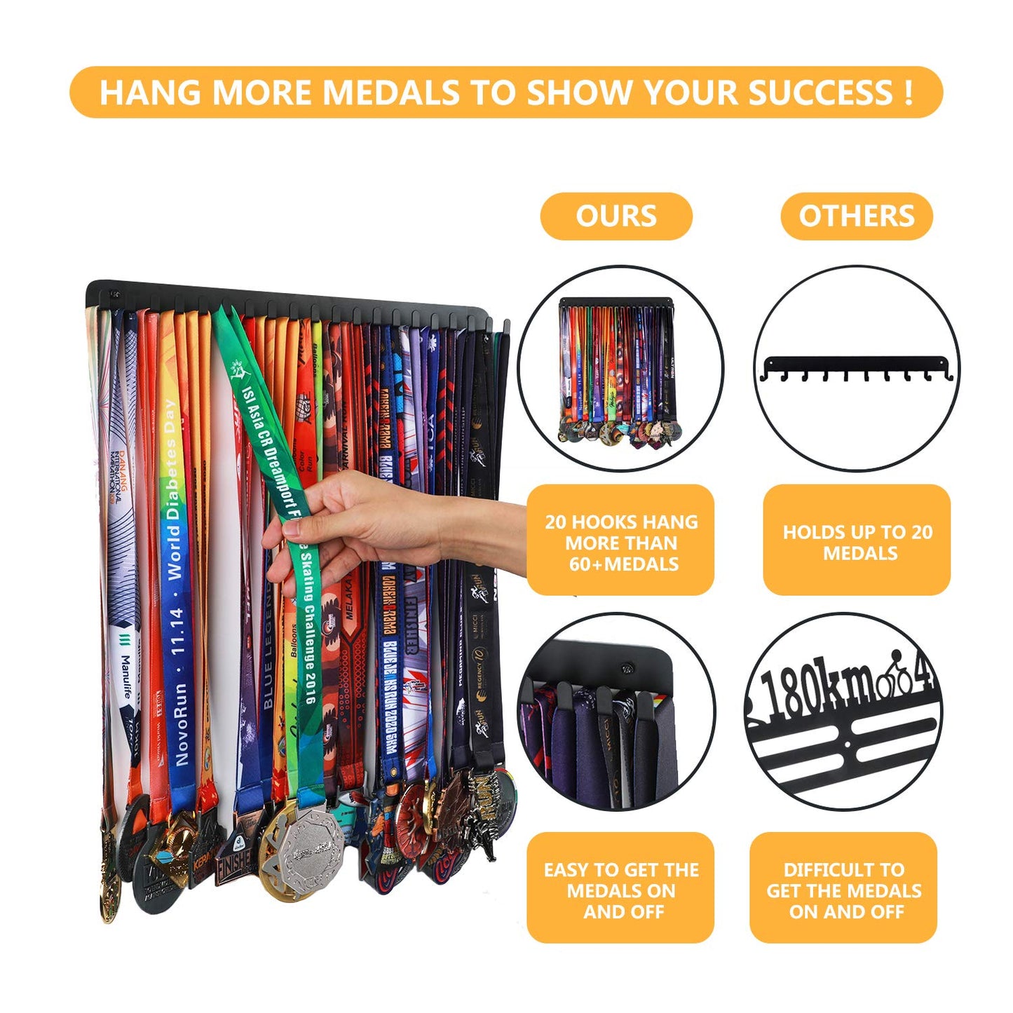 Goutoports Medal Display Hanger - Sport Award Plaques Holder Rack for Wall Mount - Black Steel Metal Holder with 20 Hooks Hold Up 60 Medals Easy to Install