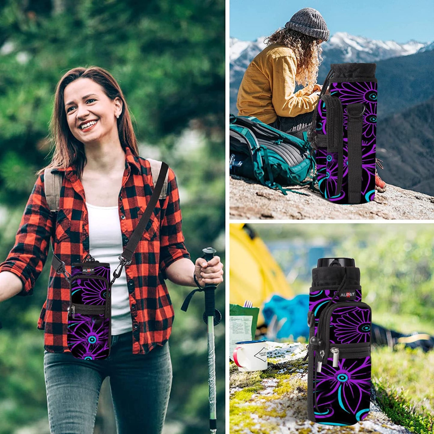 AUPET Water Bottle Holder Sling Carrier Bag Sleeve 25/32/40/64 oz,Insulated Crossbody Water Bottle Case Cover with Strap and Pockets for Men/Women Walking Hiking Camping (25oz,purple flower)