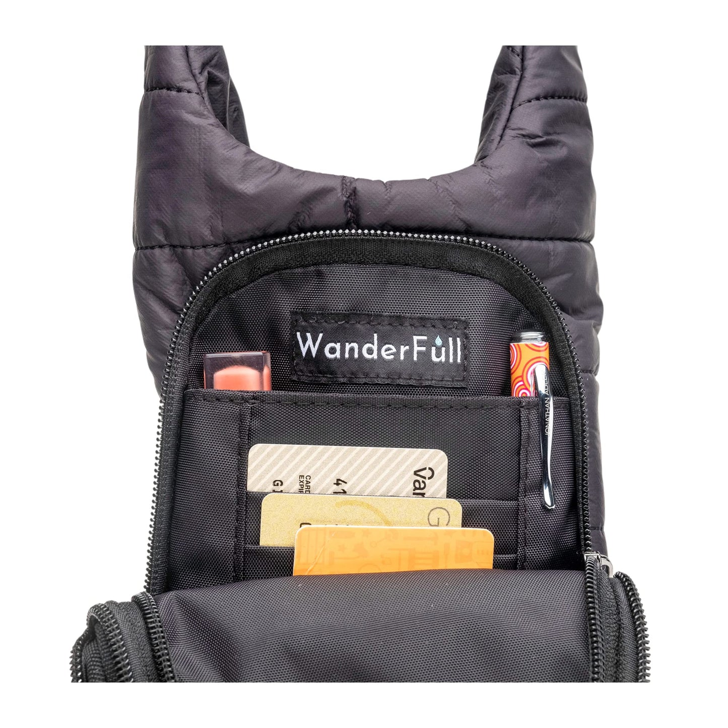 WanderFull Original Crossbody HydroBag | Quilted Water Bottle Carrier | Puffer Tote Tumbler Holder with Pockets for Purse, Phone & Accessories | Carry Travel Essentials (Matte Black/Black Strap)