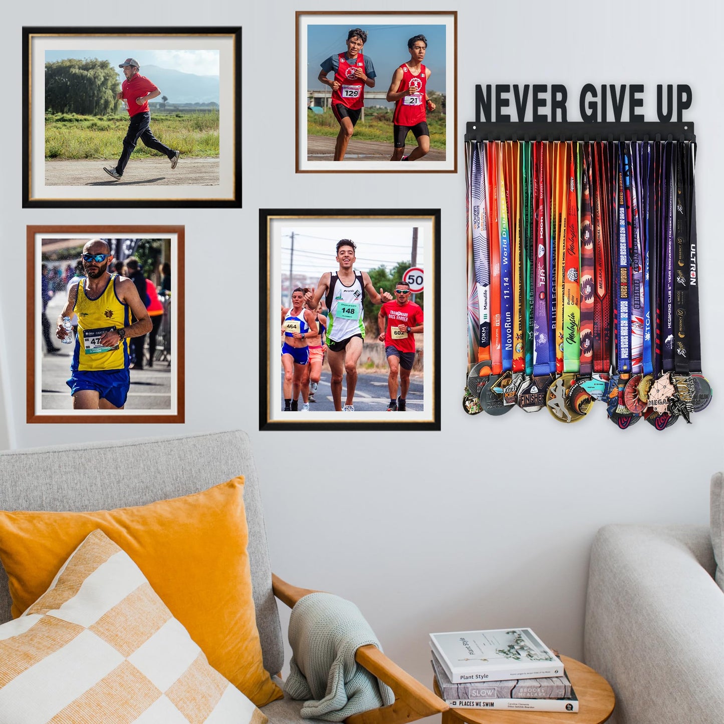 Goutoports Medal Holder Display Hanger Rack Frame for Sport Race Runner-Never Give Up - Sturdy Black Steel Metal Over 60 Medals Easy to Install-HOL30